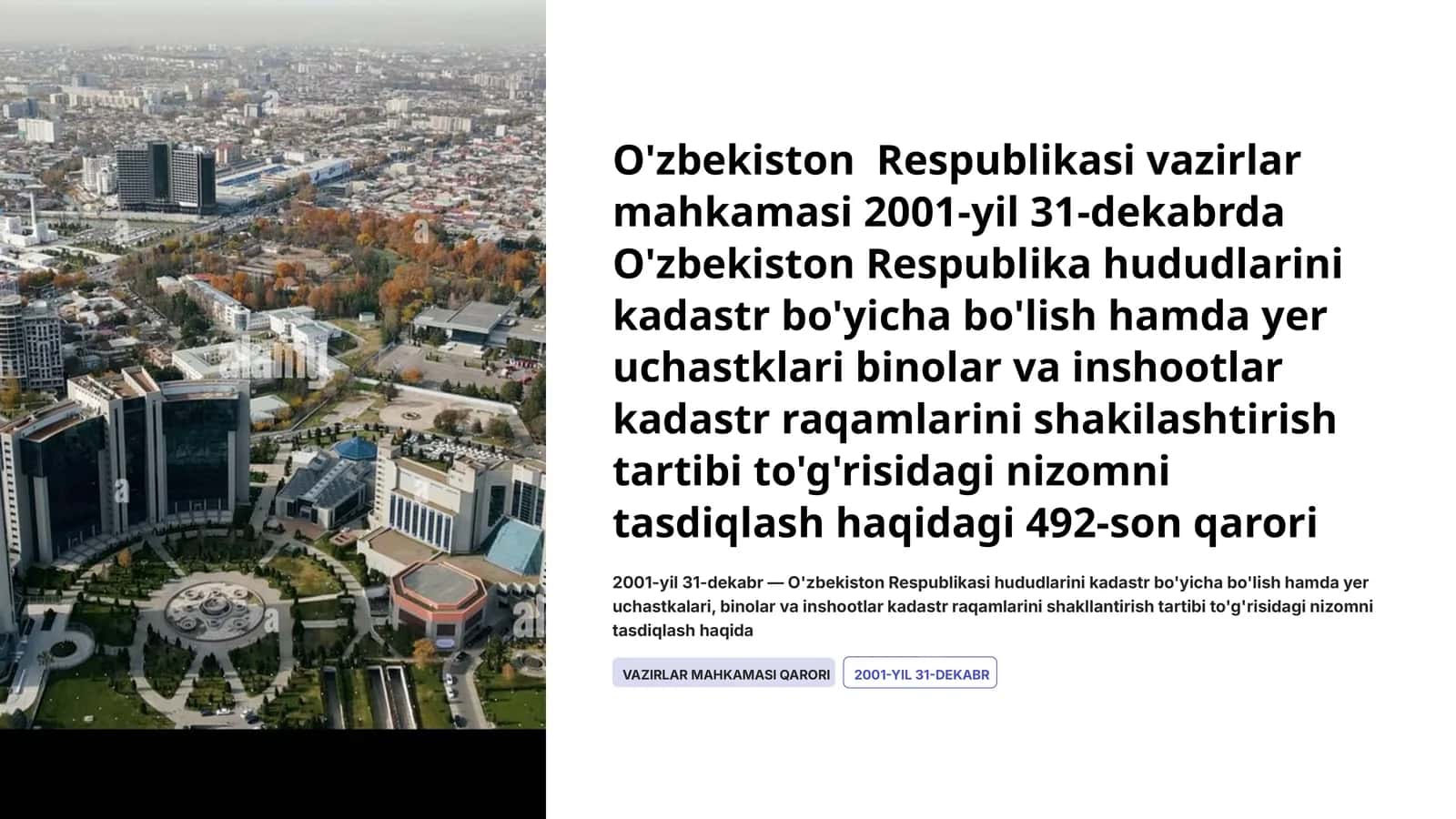 O'zbekiston Respublikasi vazirlar mahkamasi 2001-yil 31-dekabrda nizomni tasdiqlash haqida 1