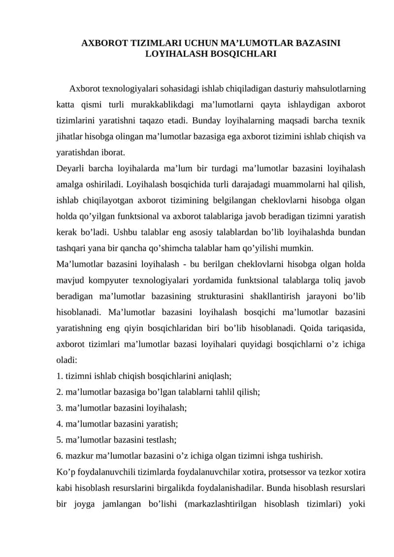 Axborot tizimlari uchun ma’lumotlar bazasini loyihalash bosqichlari 1