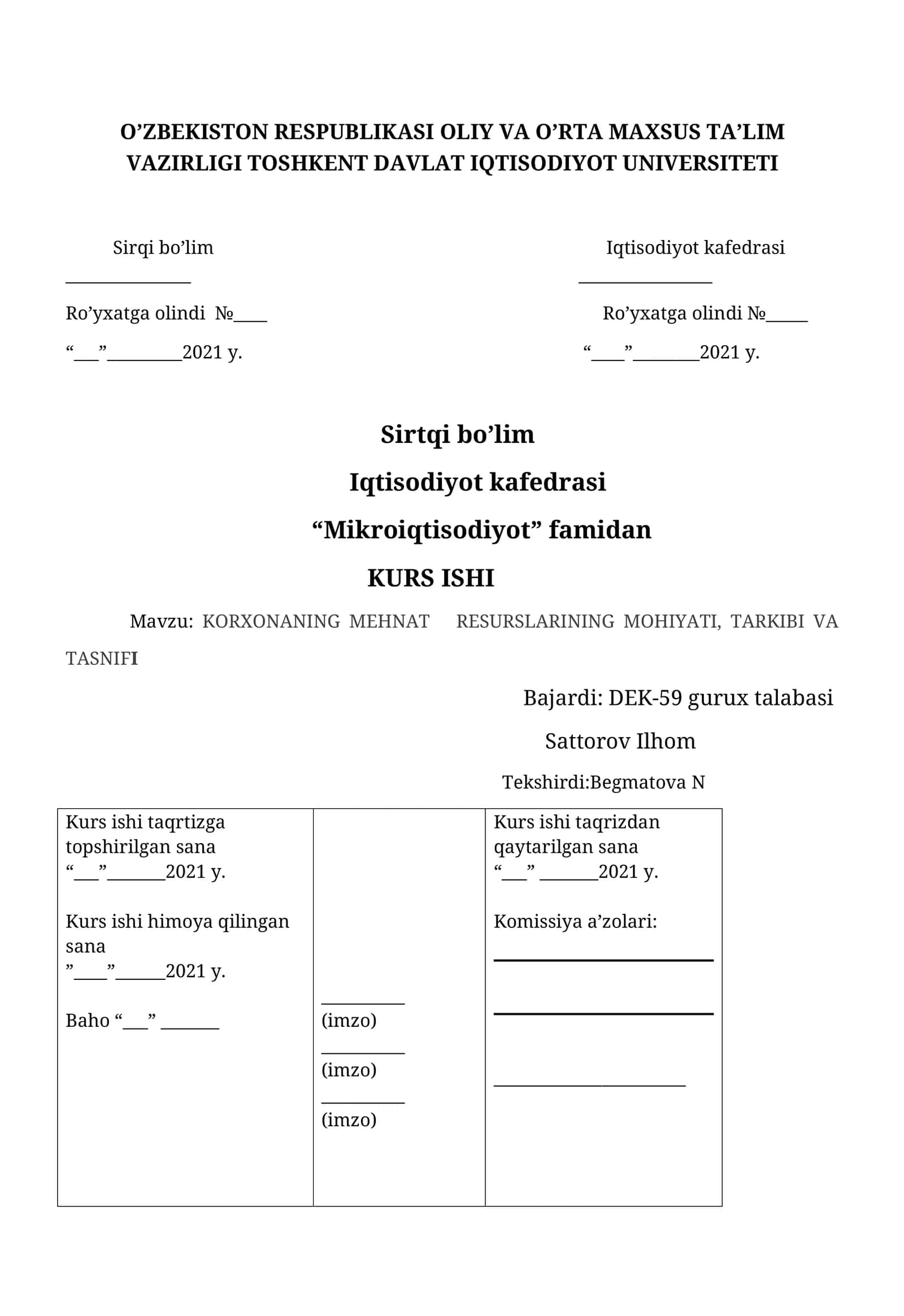 Korxonaning mehnat resurslarining mohiyati, tarkibi va tasnifi 1