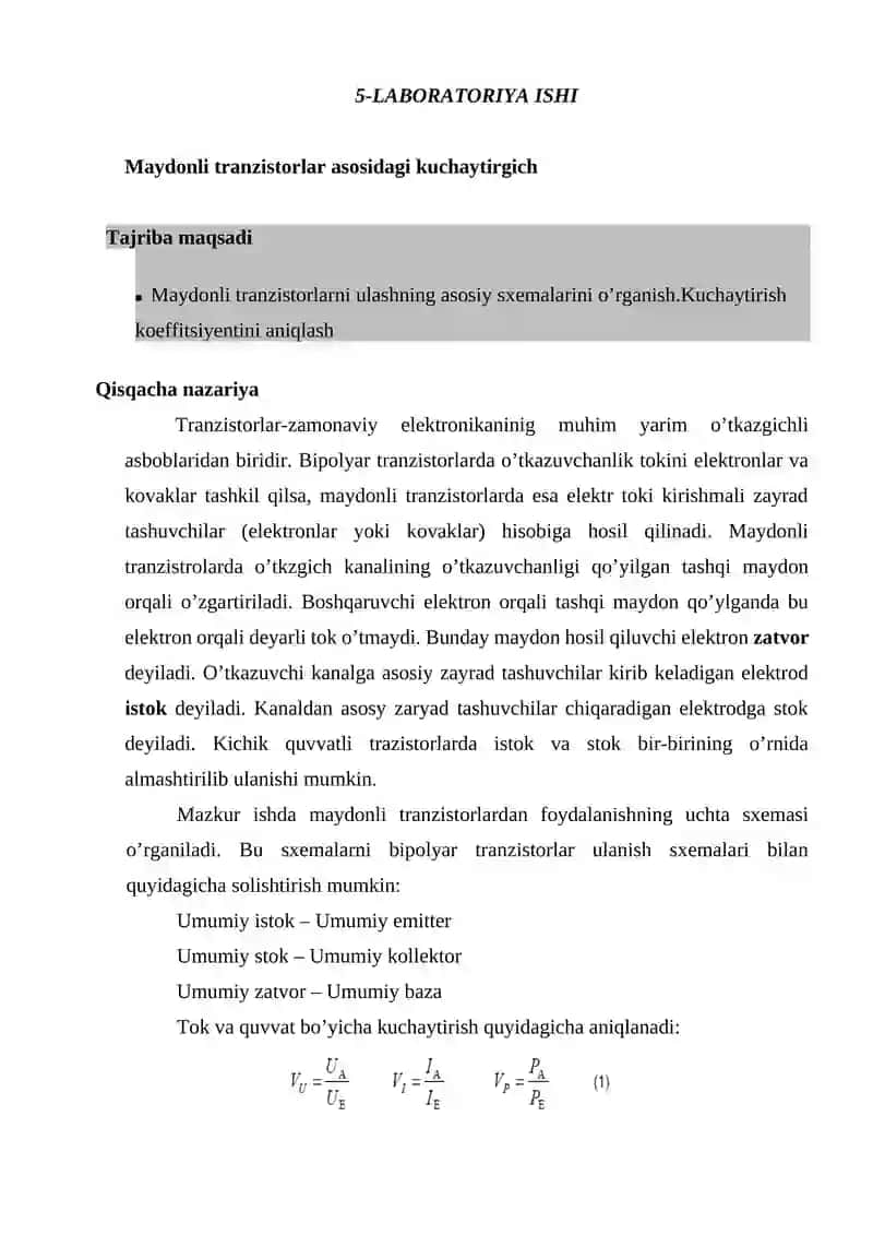 Maydonli tranzistorlar asosidagi kuchaytirgich