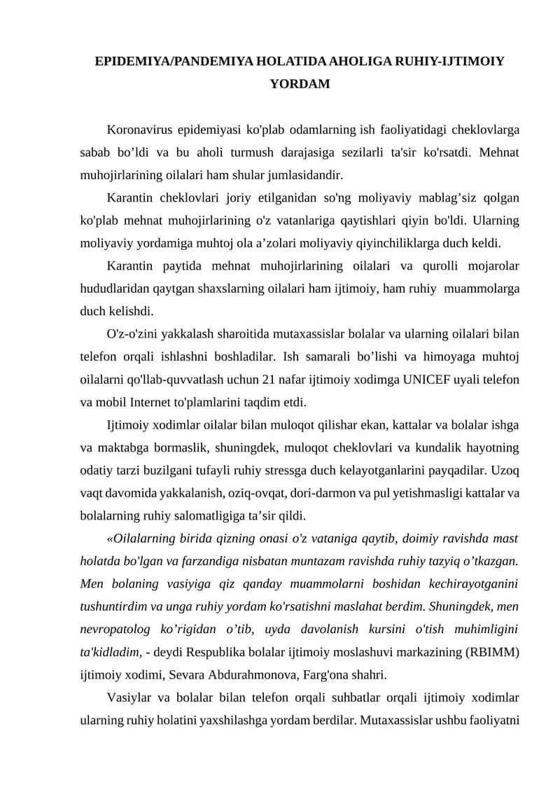 EPIDEMIYA/PANDEMIYA HOLATIDA AHOLIGA RUHIY-IJTIMOIY YORDAM 1