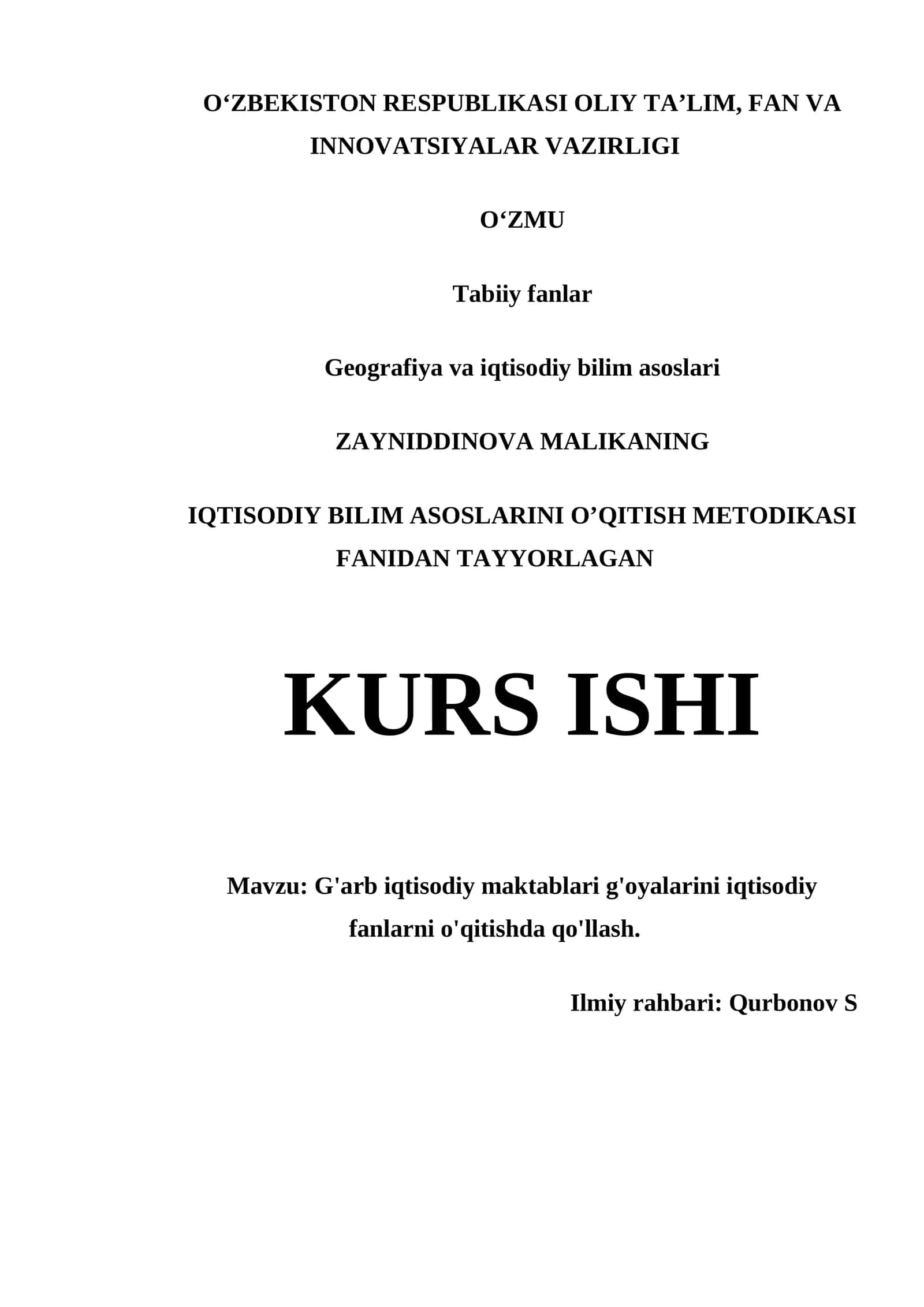 IQTISODIY BILIM ASOSLARINI O’QITISH METODIKASI FANIDAN TAYYORLAGAN KURS ISHI 1