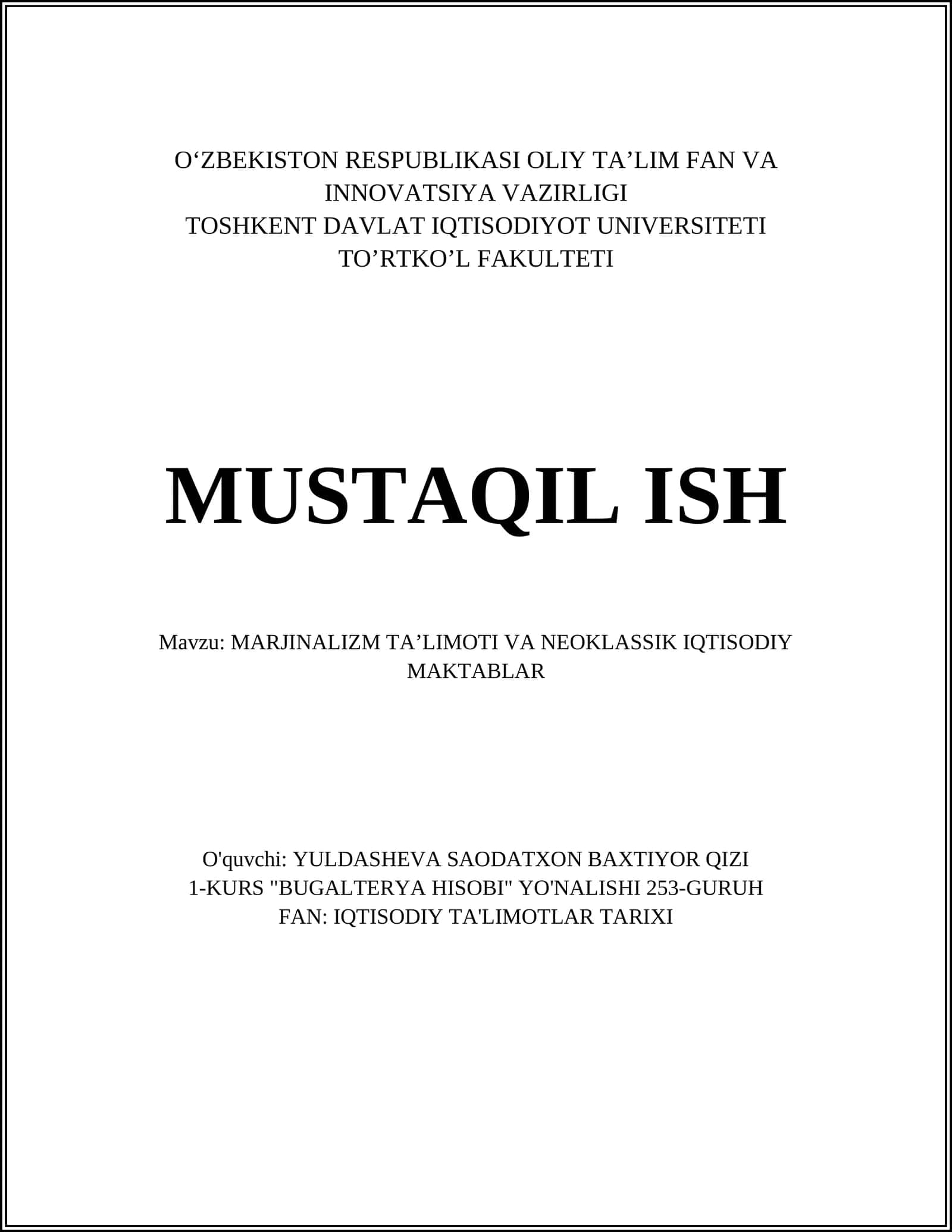MARJINALIZM TAʼLIMOTI VA NEOKLASSIK IQTISODIY MAKTABLAR 1