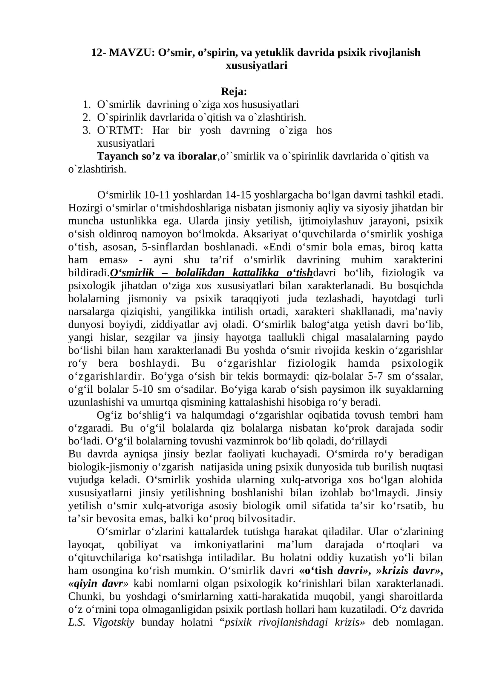 O’smir, o’spirin, va yetuklik davrida psixik rivojlanish xususiyatlari 1