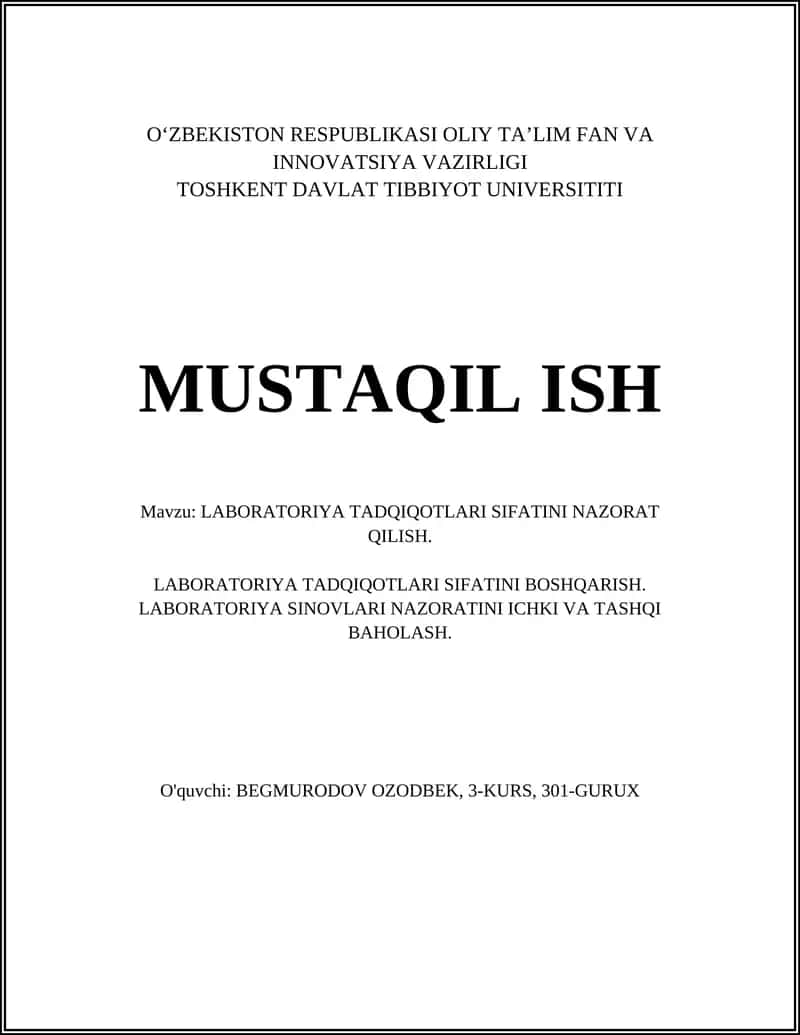 LABORATORIYA TADQIQOTLARI SIFATINI NAZORAT QILISH 1