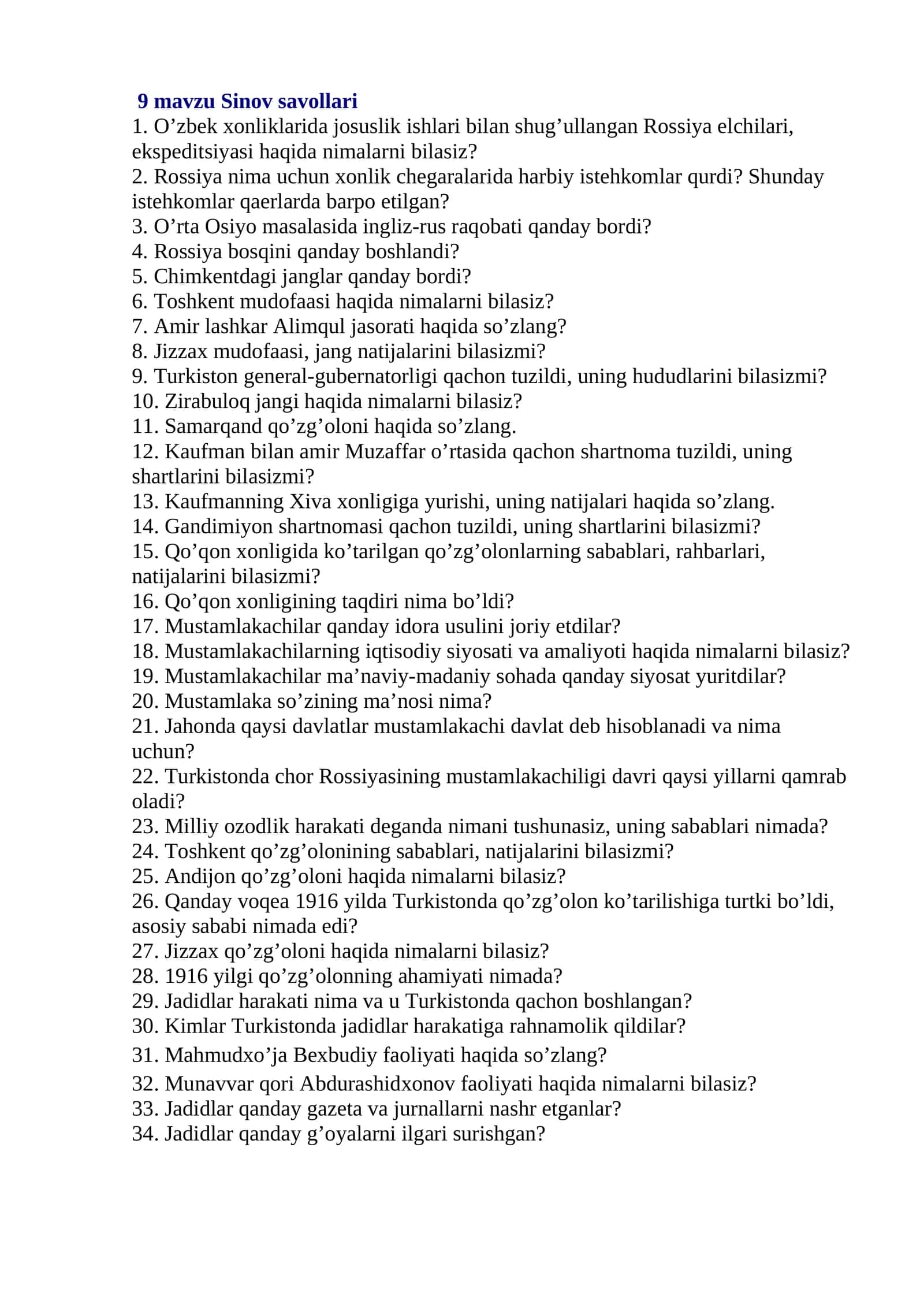 9 mavzu Sinov savollari 1