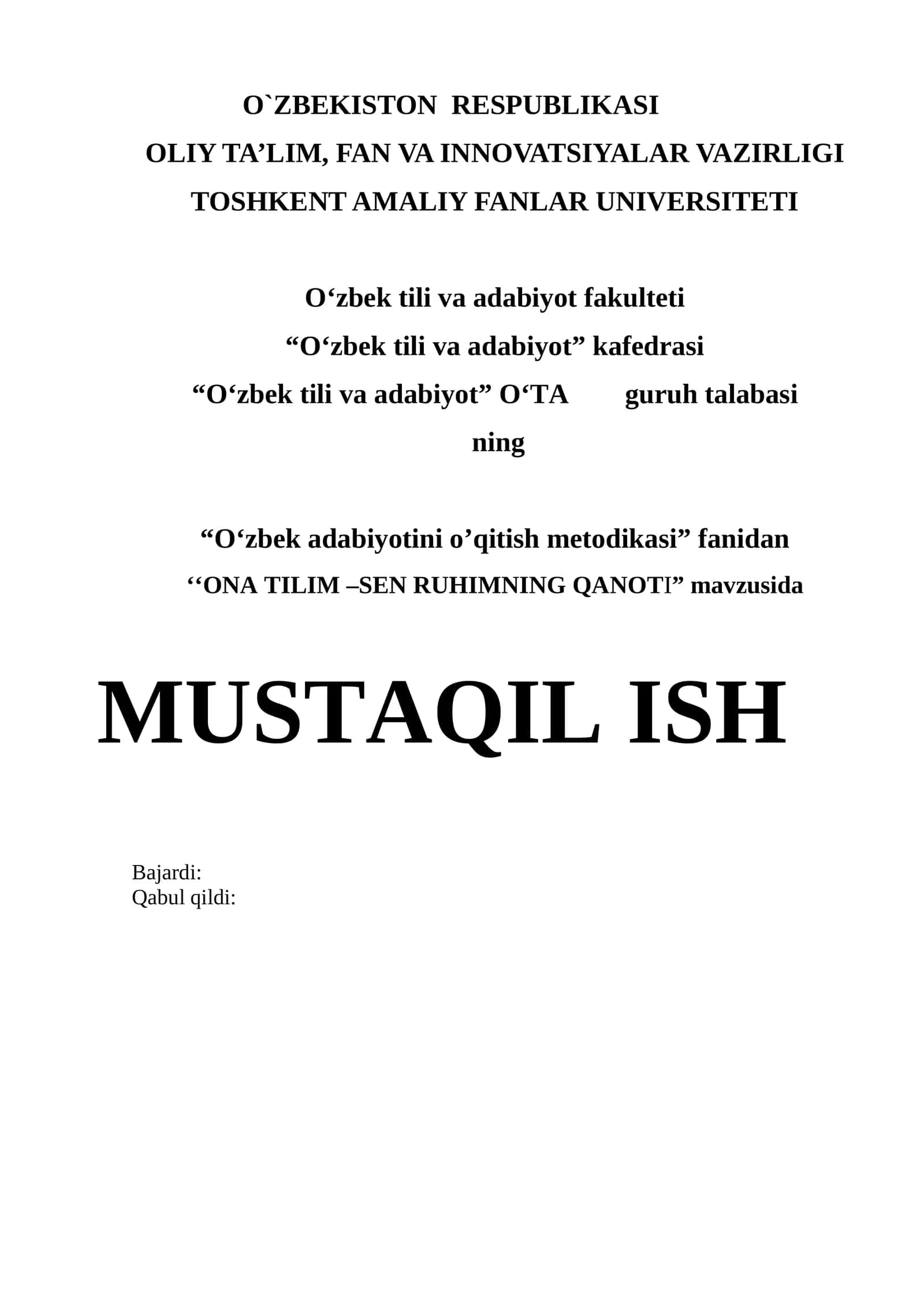 ONA TILIM –SEN RUHIMNING QANOTI 1
