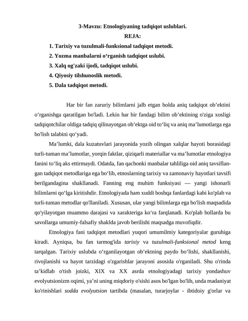 Etnologiya tadqiqot uslublari 1