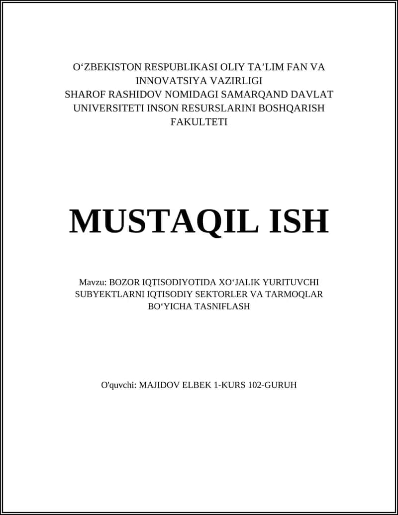 BOZOR IQTISODIYOTIDA XOʻJALIK YURITUVCHI SUBYEKTLARNI IQTISODIY SEKTORLER VA TARMOQLAR BOʻYICHA TASNIFLASH 1