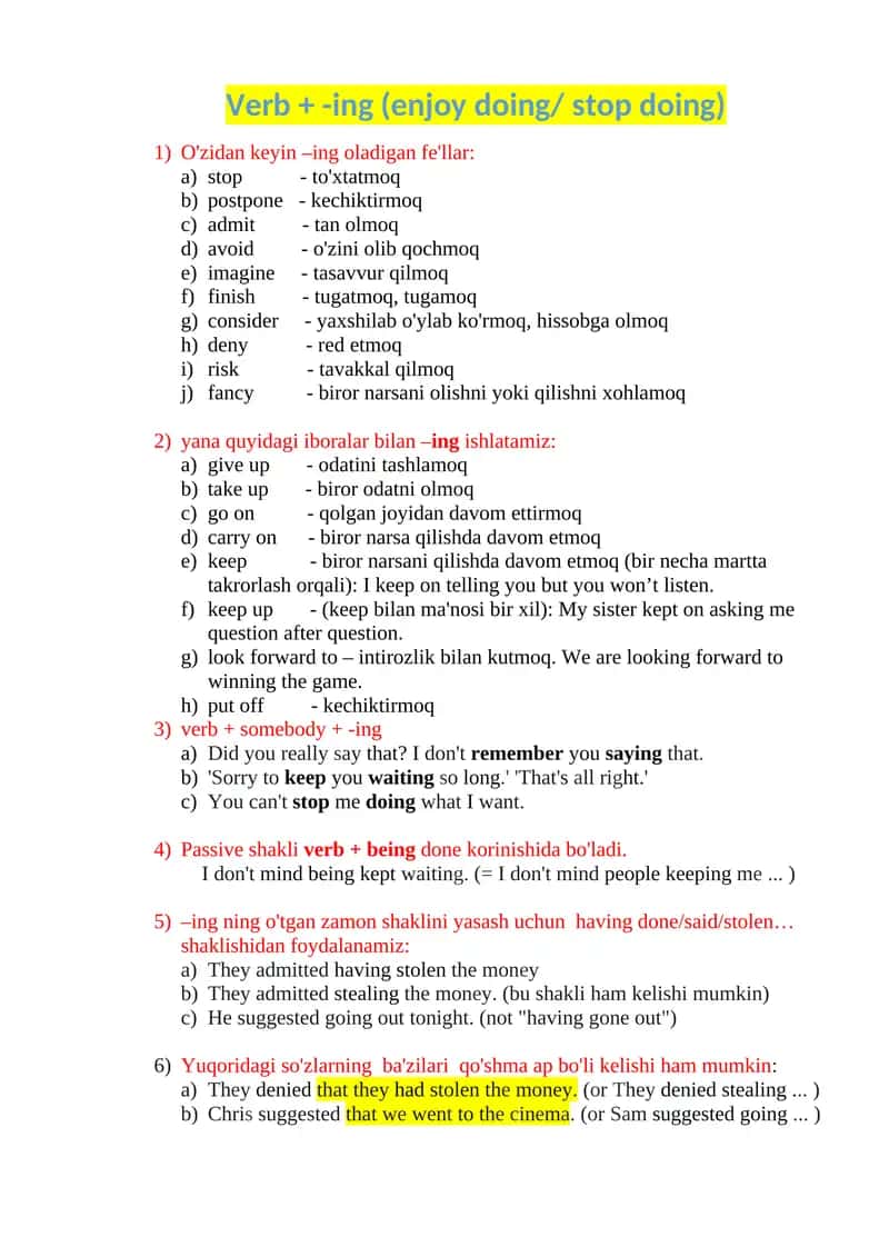 Verb + -ing (enjoy doing/ stop doing) 1