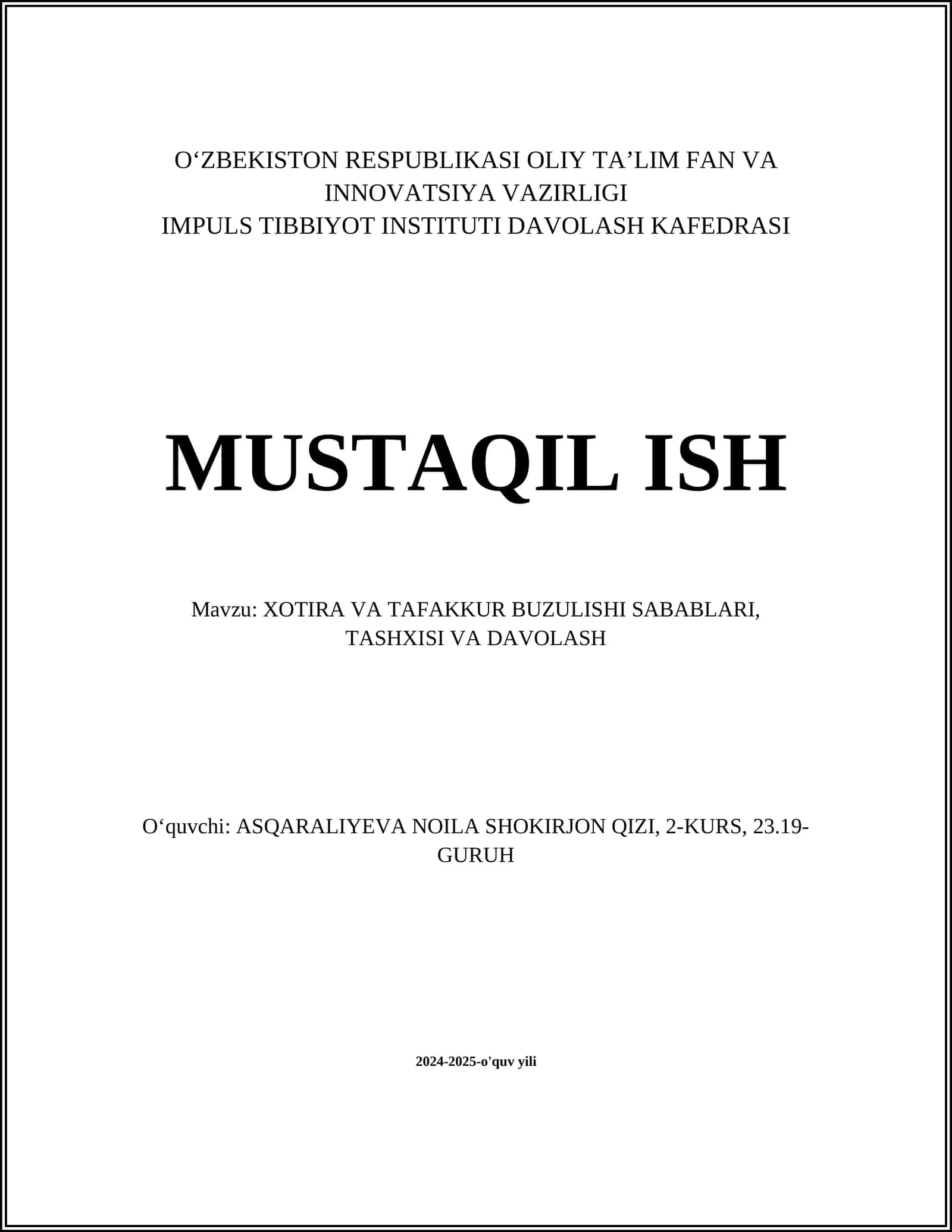 Xotira va Tafakkur Buzulishi Sabablari, Tashxisi va Davolash 1