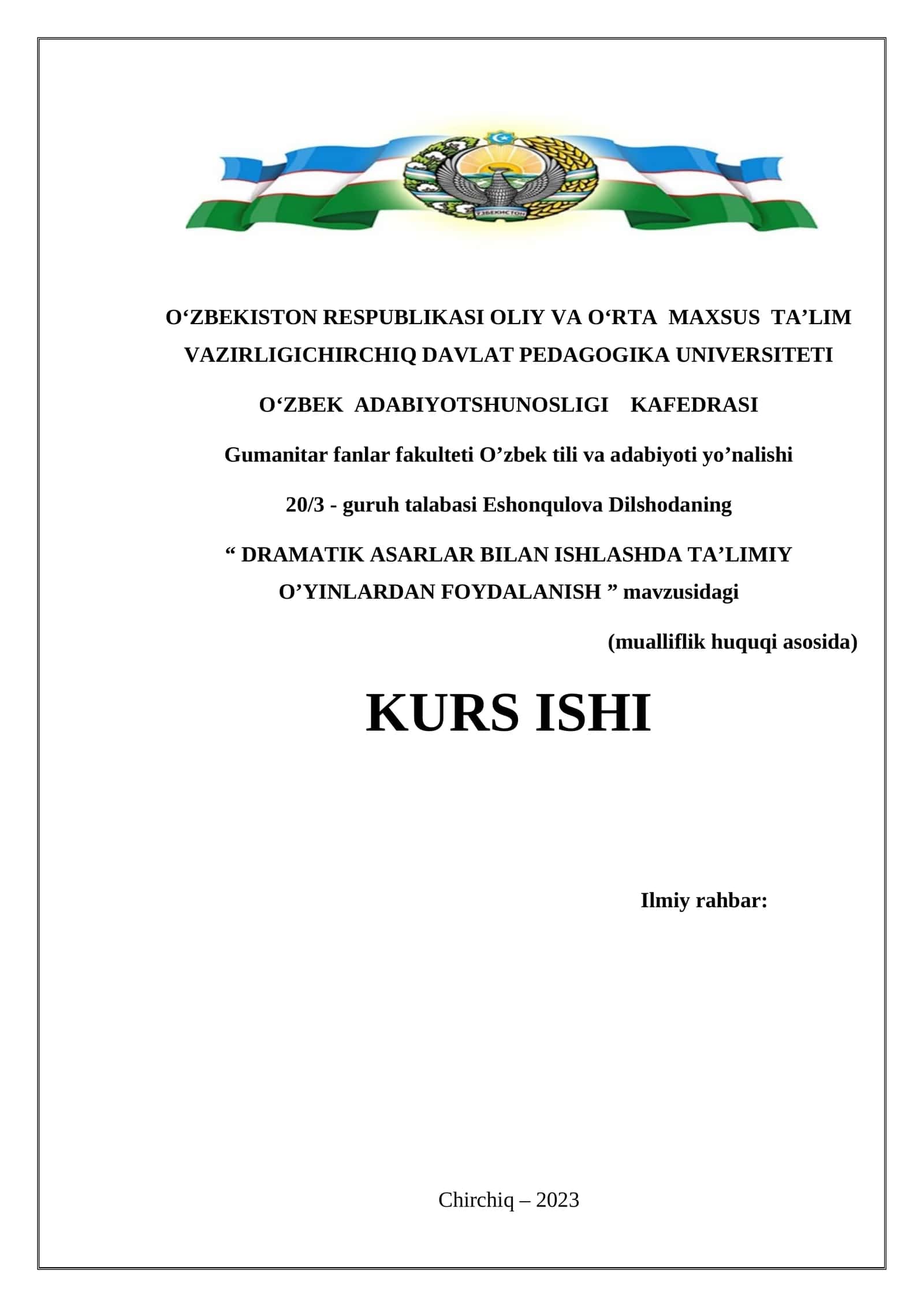 DRAMATIK ASARLAR BILAN ISHLASHDA TA’LIMIY O’YINLARDAN FOYDALANISH 1