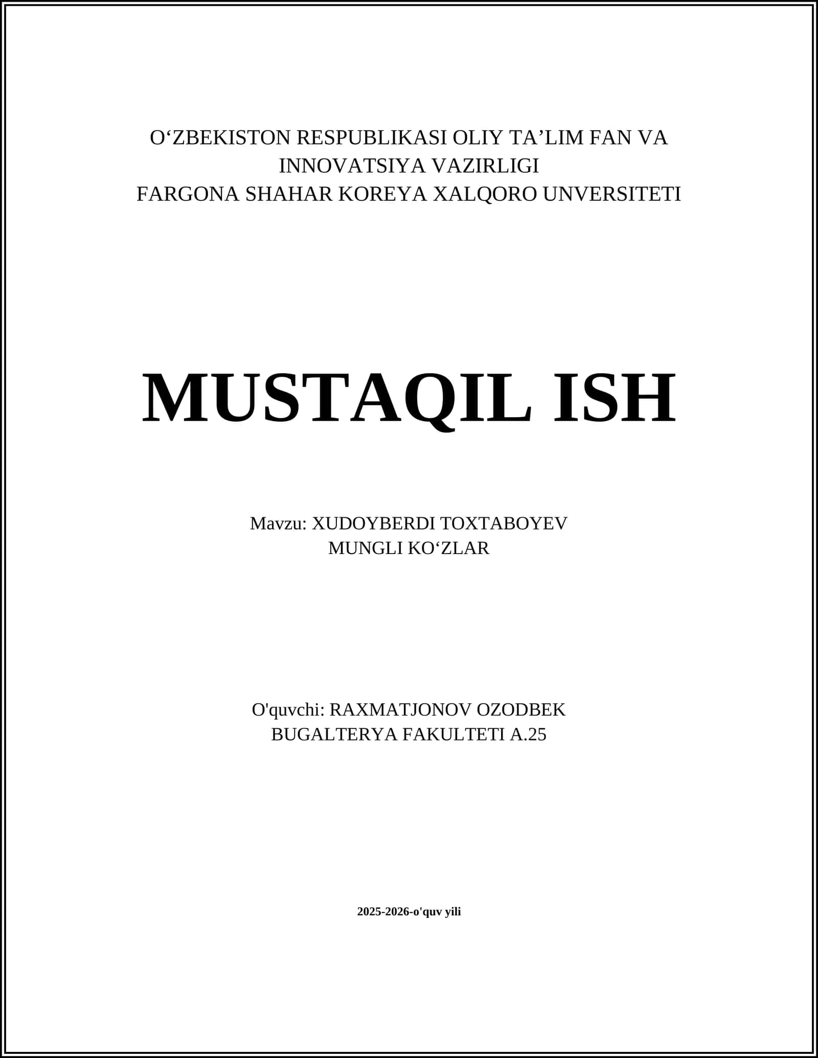 XUDOYBERDI TOXTABOYEV - MUNGLI KOʻZLAR 1