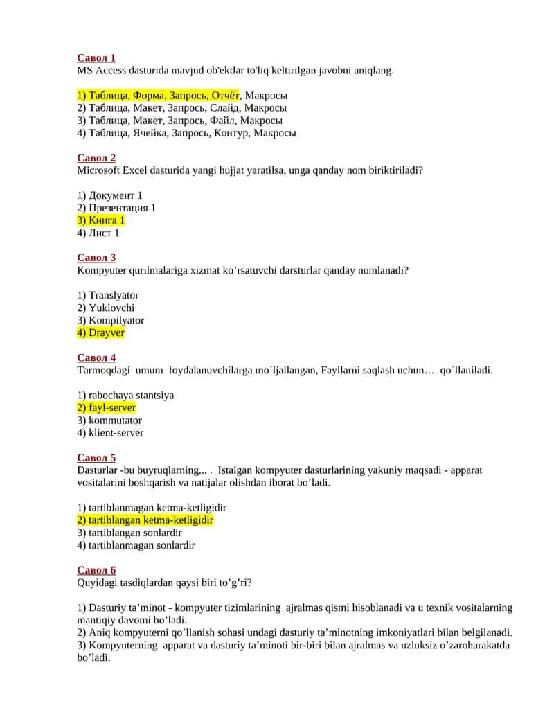 Informatika bo'yicha test savollari 1