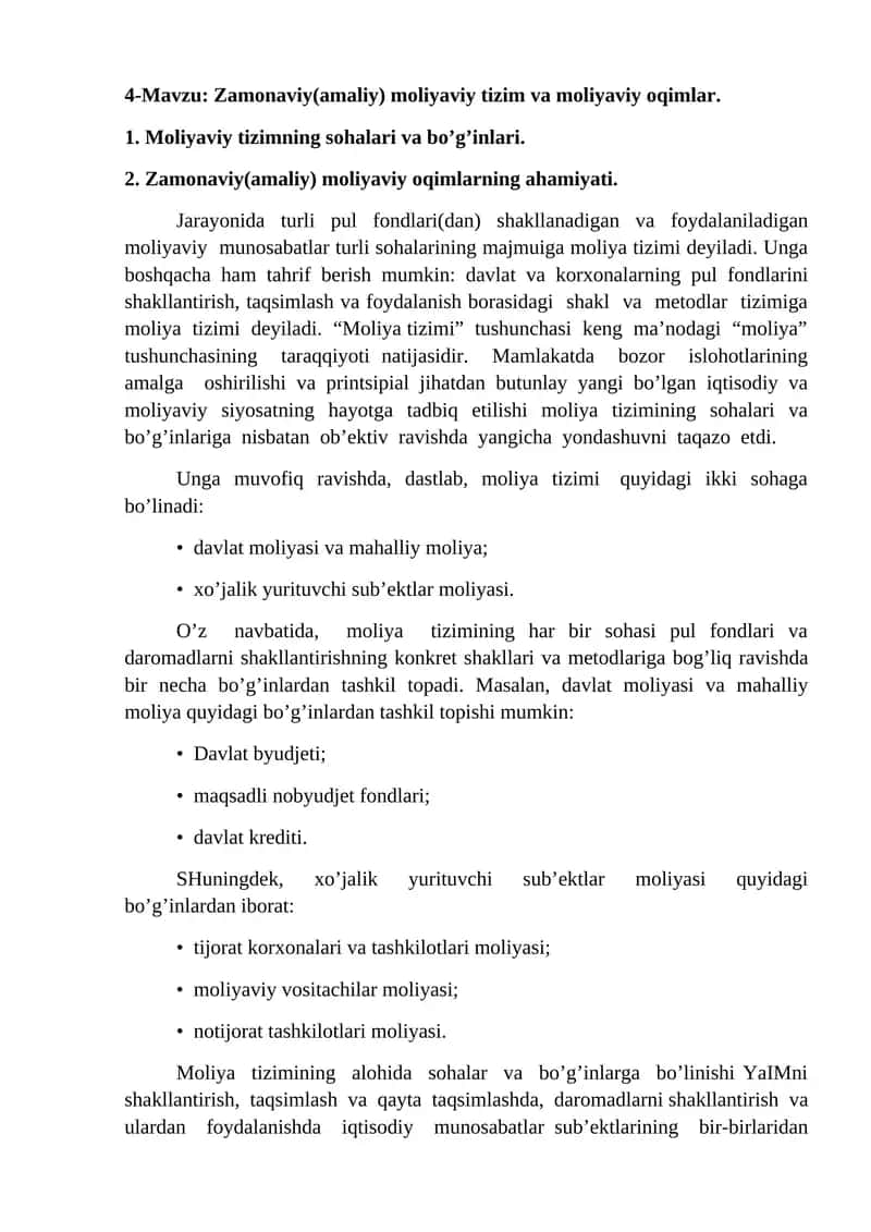 Zamonaviy(amaliy) moliyaviy tizim va moliyaviy oqimlar 1