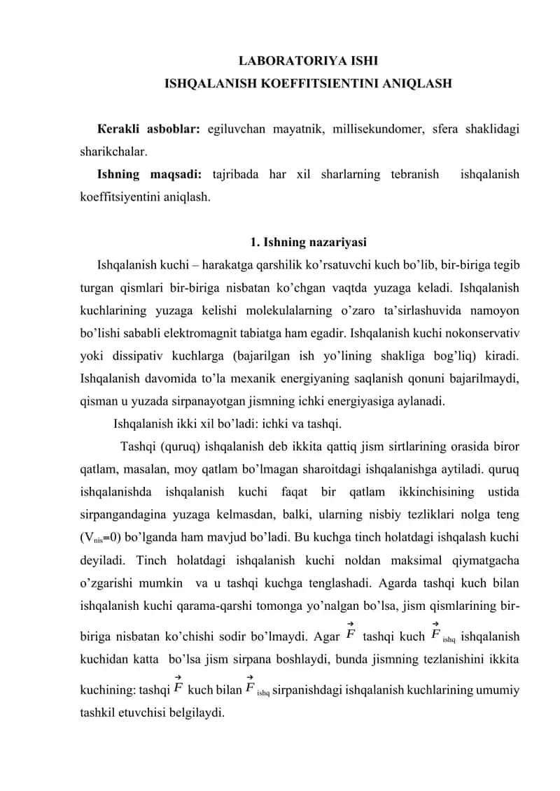 ISHQALANISH KOEFFITSIENTINI ANIQLASH 1