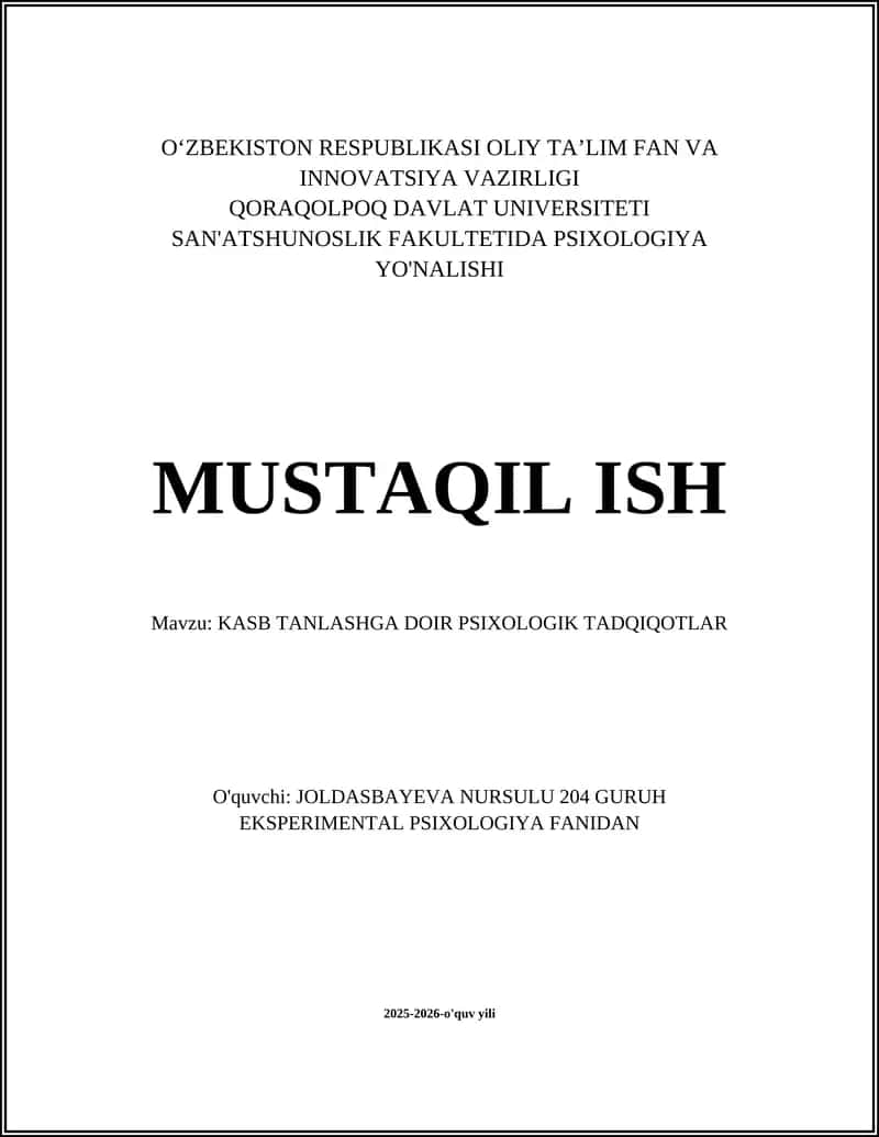 KASB TANLASHGA DOIR PSIXOLOGIK TADQIQOTLAR 1