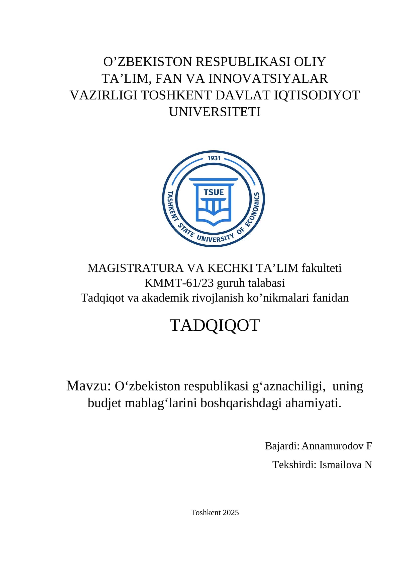 Oʻzbekiston respublikasi gʻaznachiligi, uning budjet mablagʻlarini boshqarishdagi ahamiyati 1