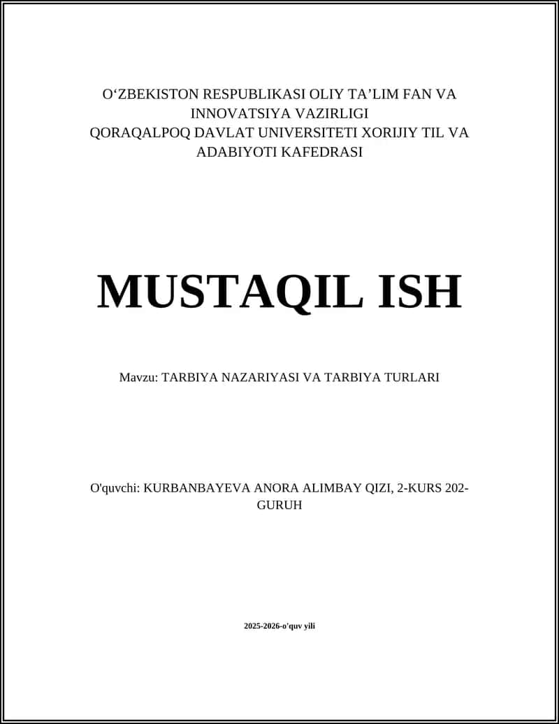 TARBIYA NAZARIYASI VA TARBIYA TURLARI 1
