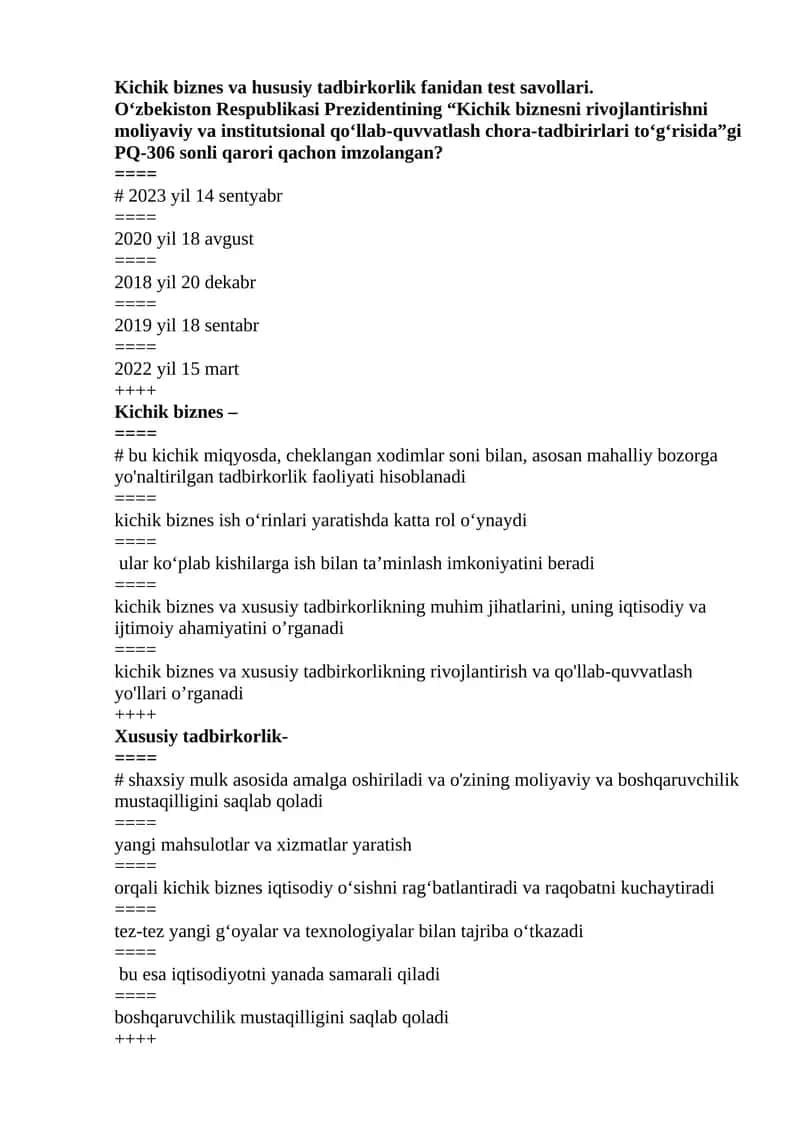 Kichik biznes va hususiy tadbirkorlik fanidan test savollari 1