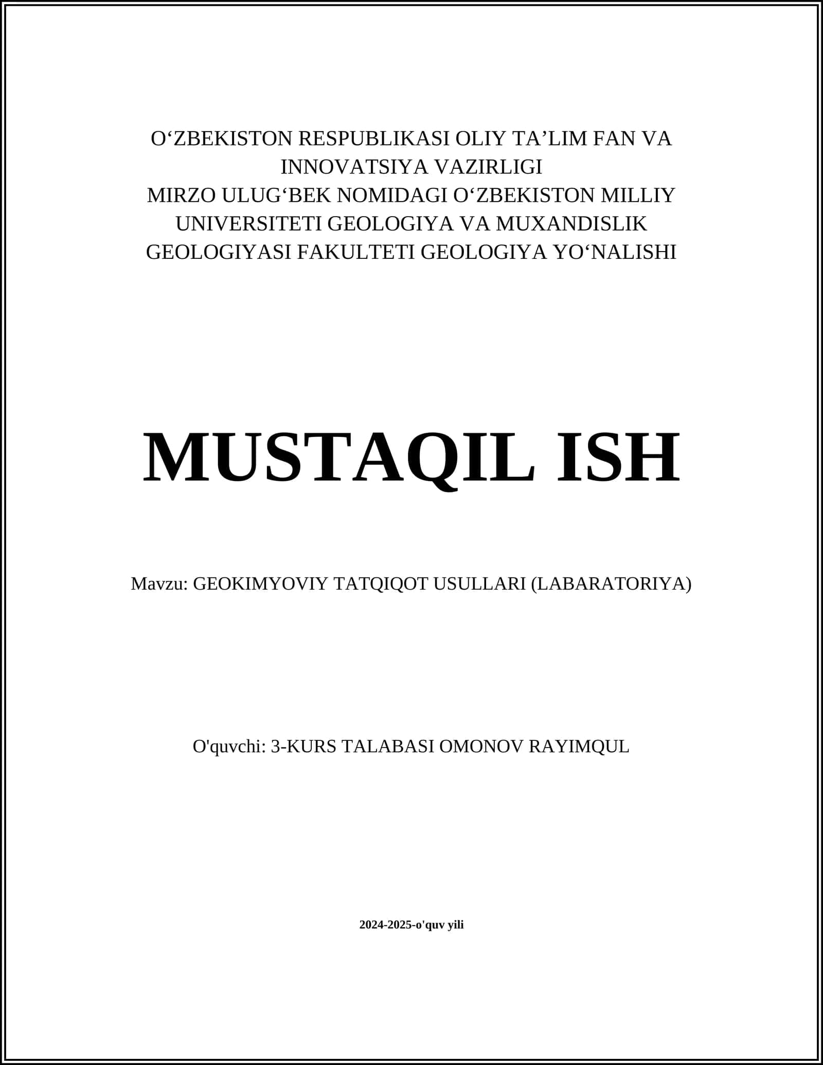 GEOKIMYOVIY TATQIQOT USULLARI (LABARATORIYA) 1