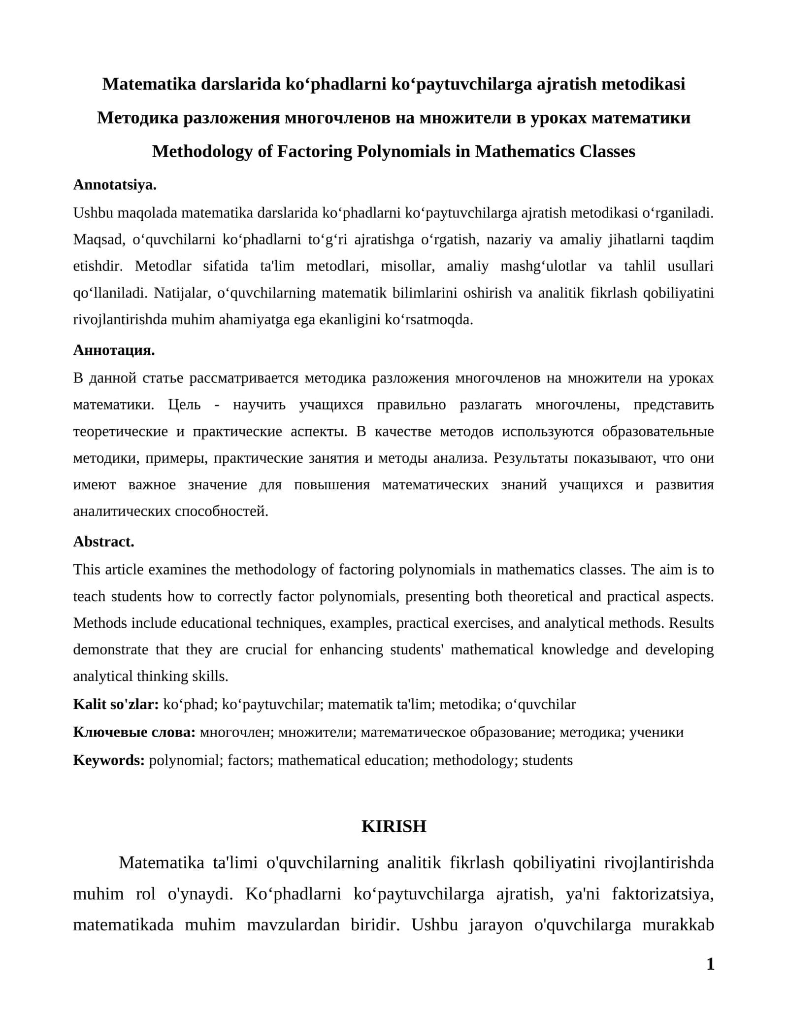 Matematika darslarida koʻphadlarni koʻpaytuvchilarga ajratish metodikasi 1