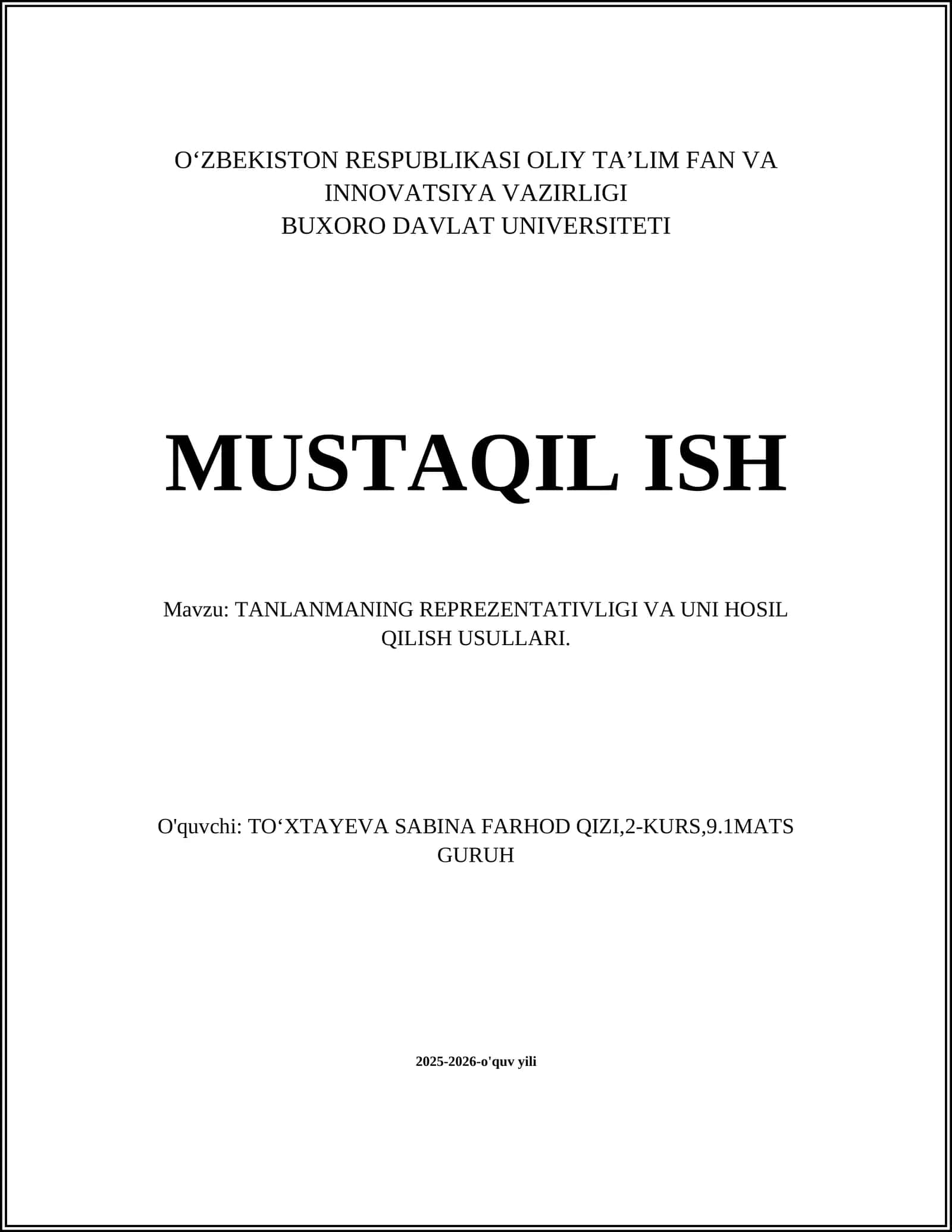 TANLANMANING REPREZENTATIVLIGI VA UNI HOSIL QILISH USULLARI 1