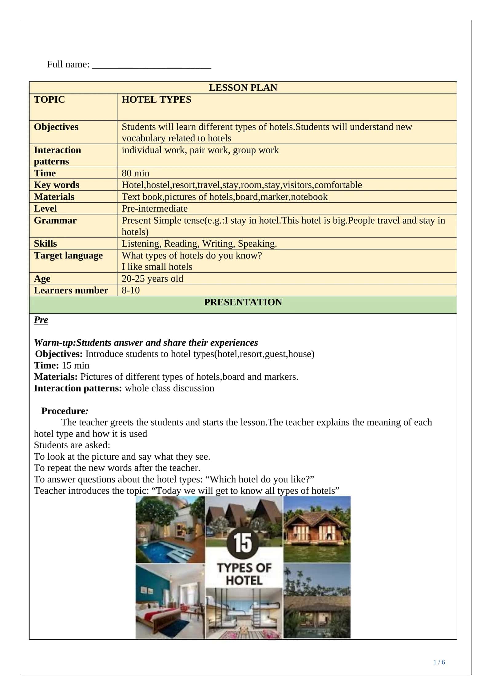 LESSON PLAN ESP hotel types 1