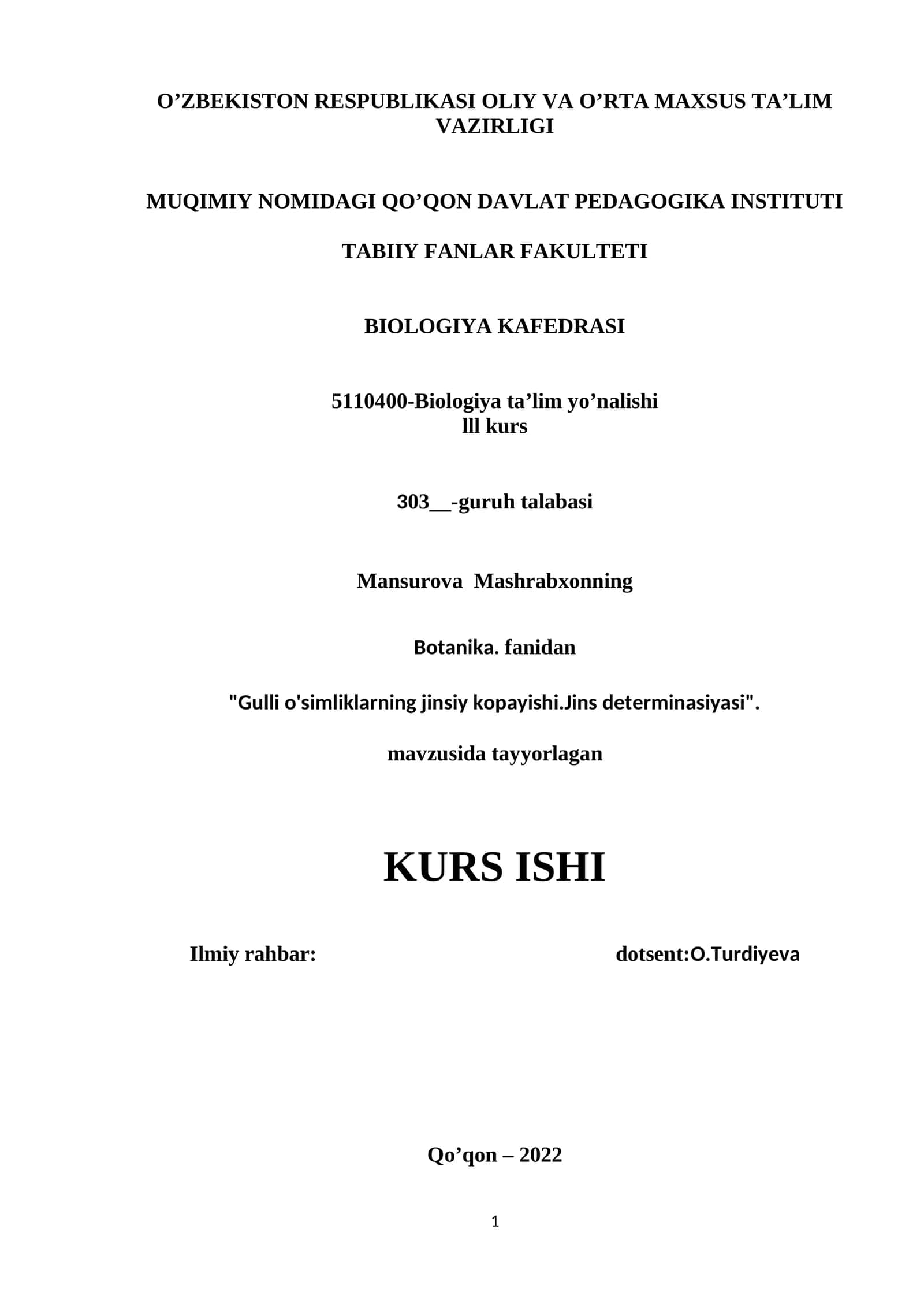 Gulli o'simliklarning jinsiy kopayishi.Jins determinasiyasi 1