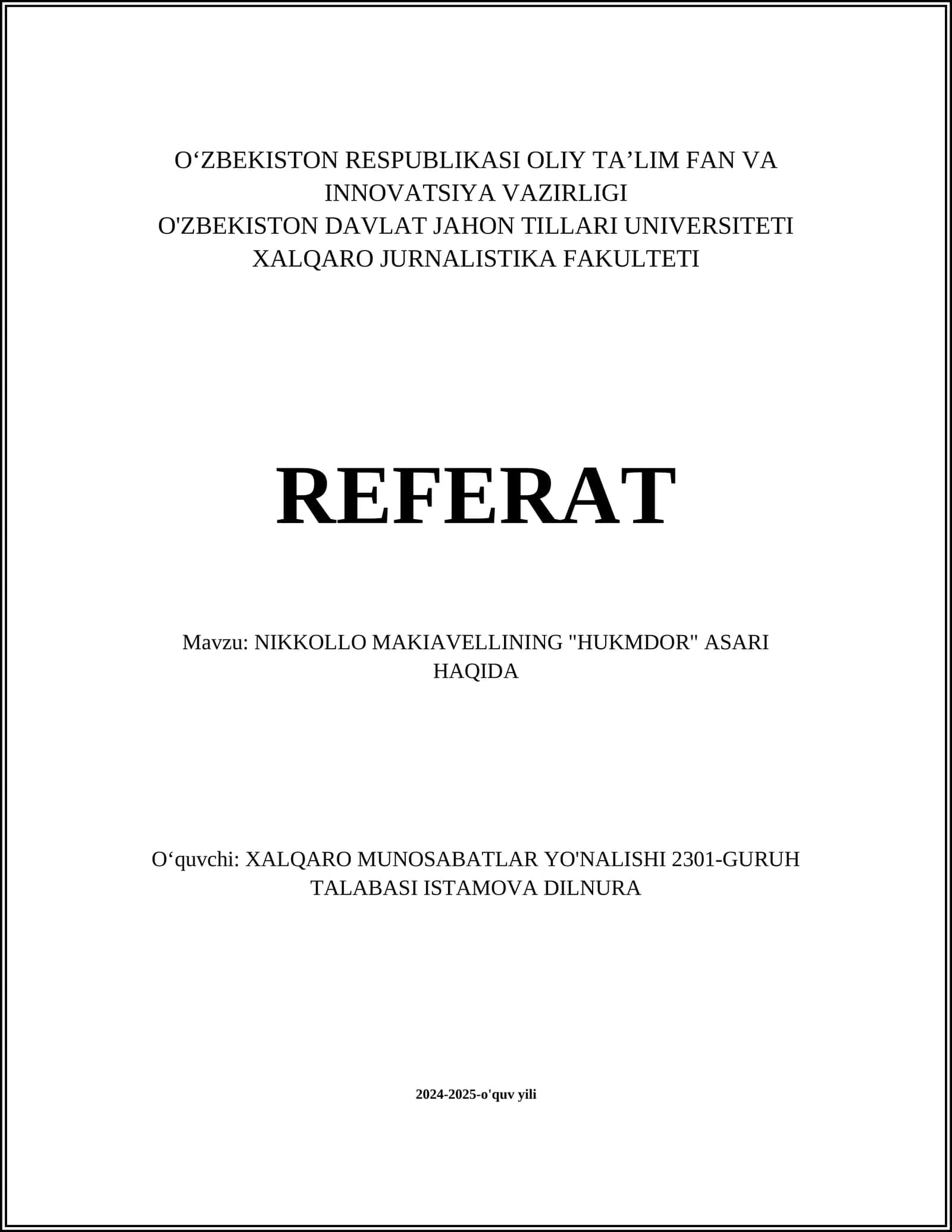 NIKKOLLO MAKIAVELLINING "HUKMDOR" ASARI HAQIDA 1