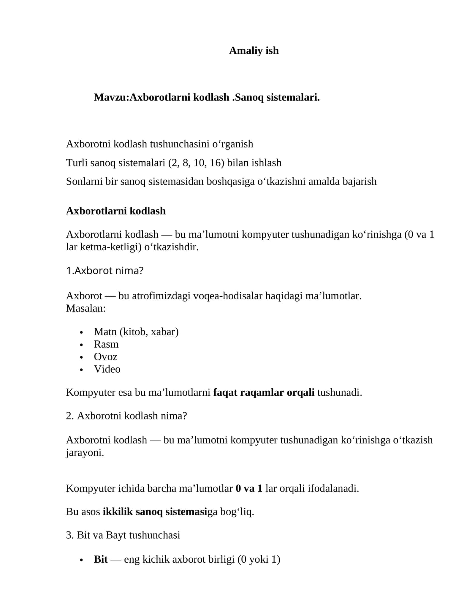 Axborotlarni kodlash.Sanoq sistemalari 1