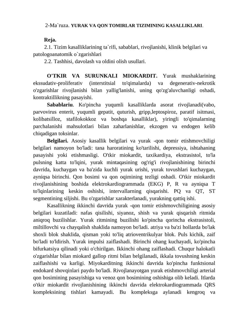 2-Ma`ruza. YURAK VA QON TOMIRLAR TIZIMINING KASALLIKLARI 1
