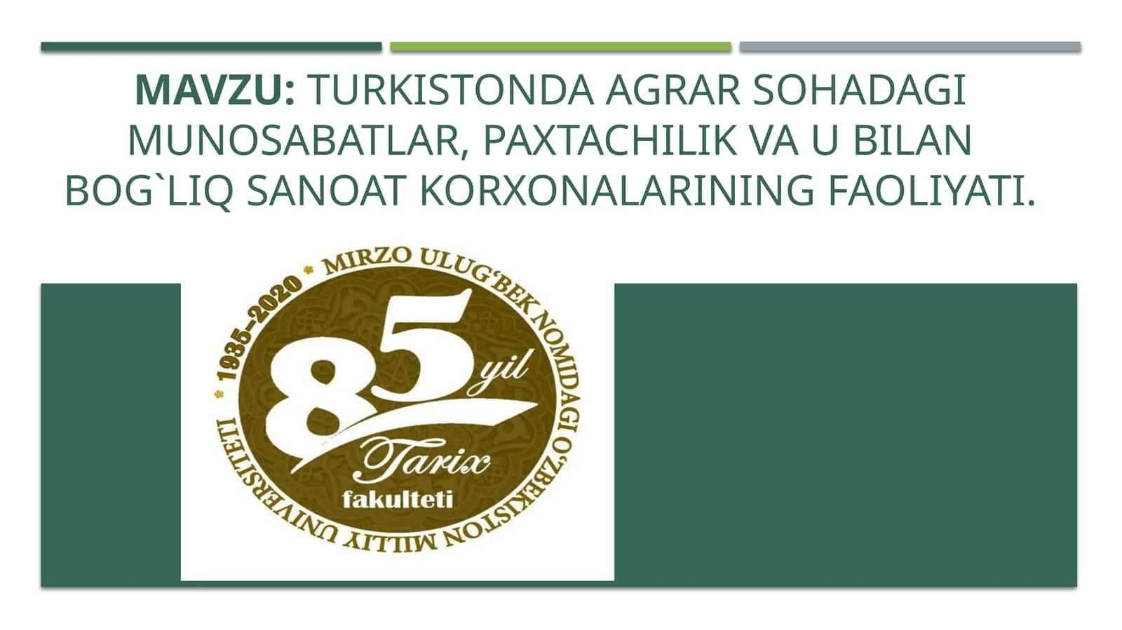 Turkistonda agrar sohadagi munosabatlar, paxtachilik va u bilan bog`liq sanoat korxonalarining faoliyati 1
