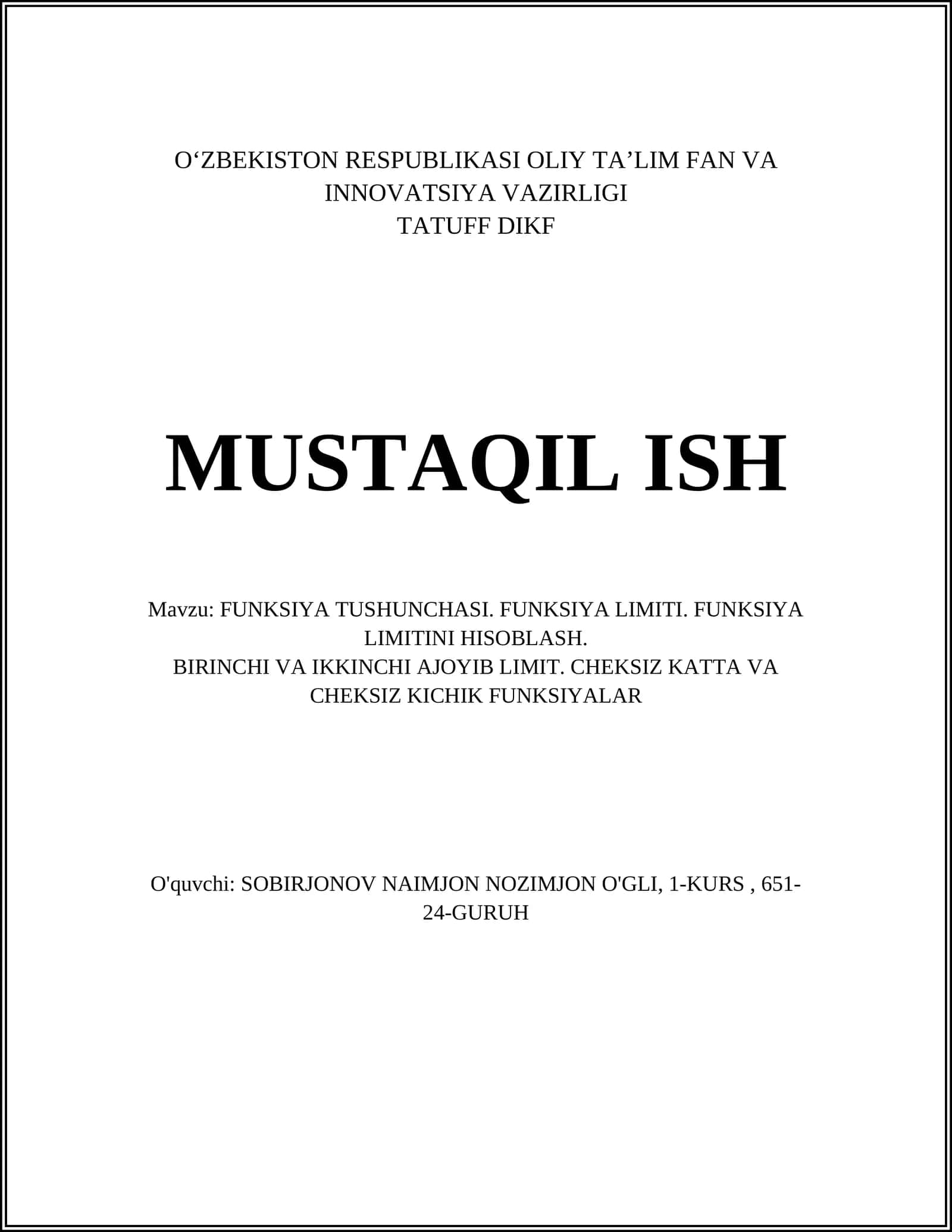 FUNKSIYA TUSHUNCHASI. FUNKSIYA LIMITI. FUNKSIYA LIMITINI HISOBLASH 1