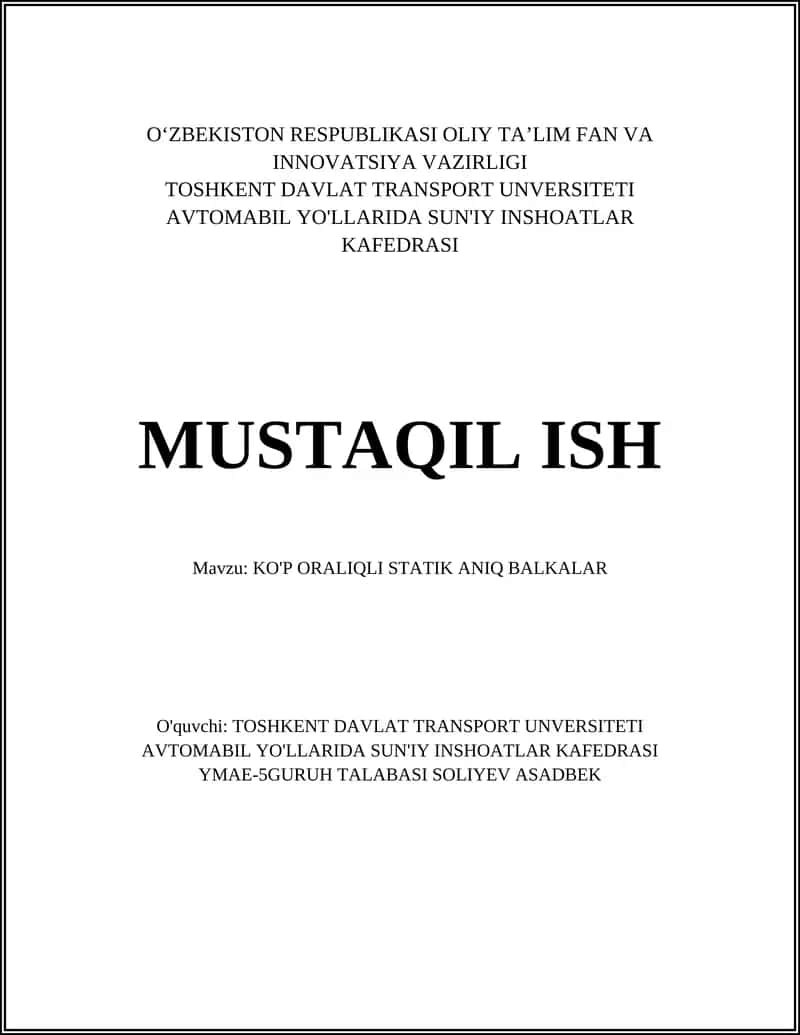 Ko'p oraliqli statik aniq balkalar 1