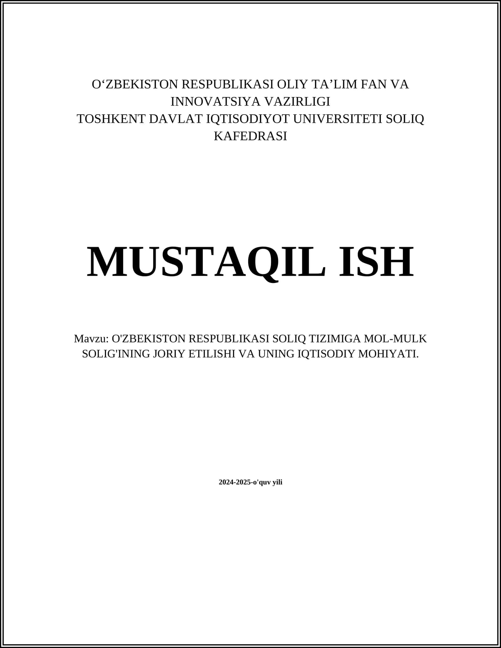 O'ZBEKISTON RESPUBLIKASI SOLIQ TIZIMIGA MOL-MULK SOLIG'INING JORIY ETILISHI VA UNING IQTISODIY MOHIYATI 1