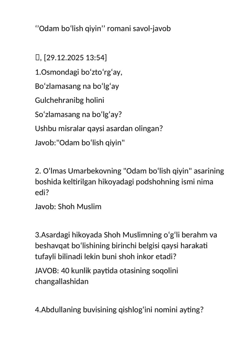 "Odam bo‘lish qiyin" savol javob, adib hayoti va ijodi 1