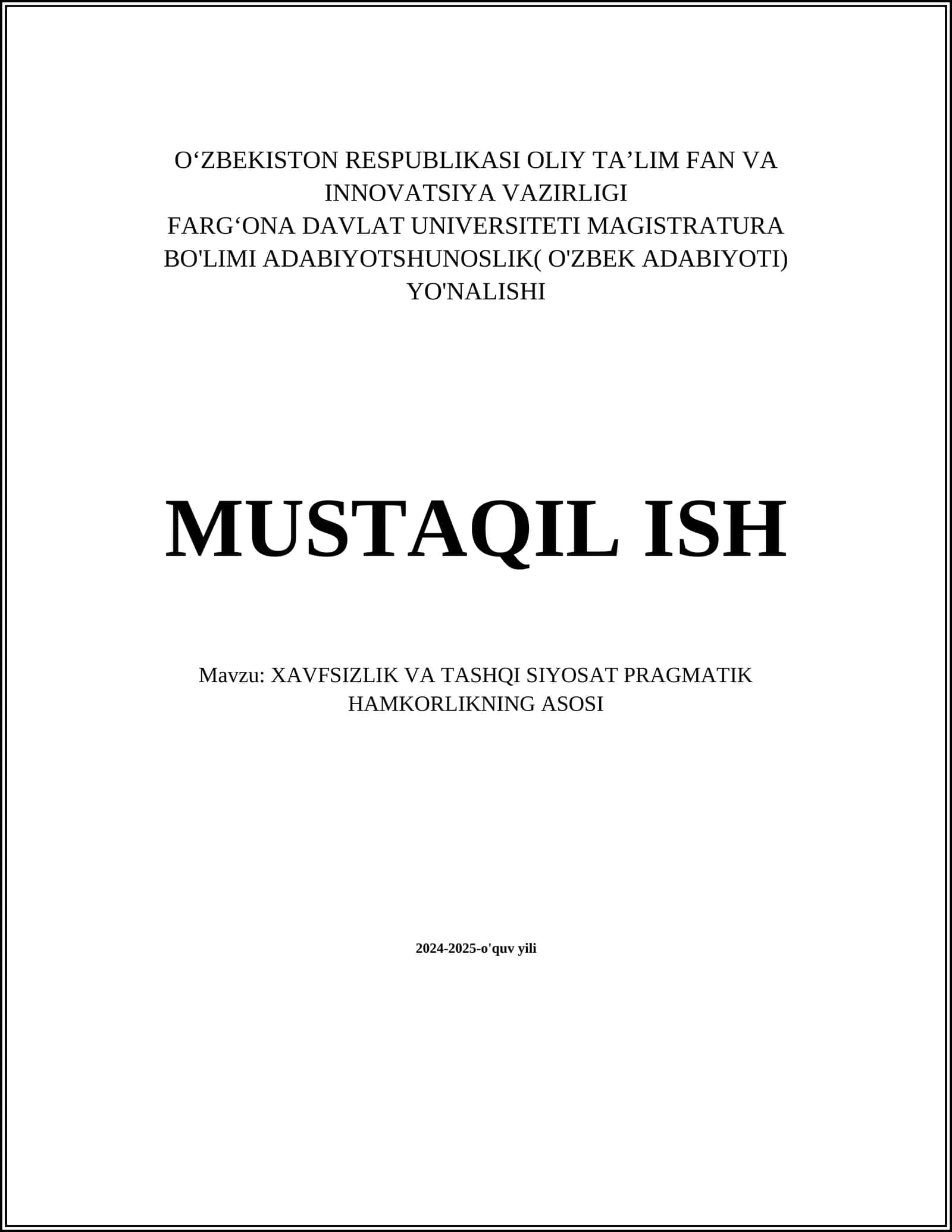 XAVFSIZLIK VA TASHQI SIYOSAT PRAGMATIK HAMKORLIKNING ASOSI 1