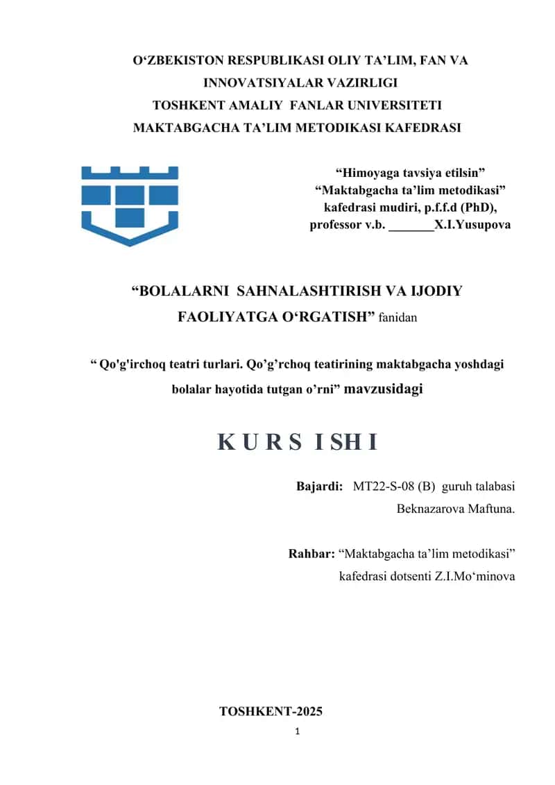 Qo'g'irchoq teatri turlari. Qo’g’rchoq teatirining maktabgacha yoshdagi bolalar hayotida tutgan o'rni 1