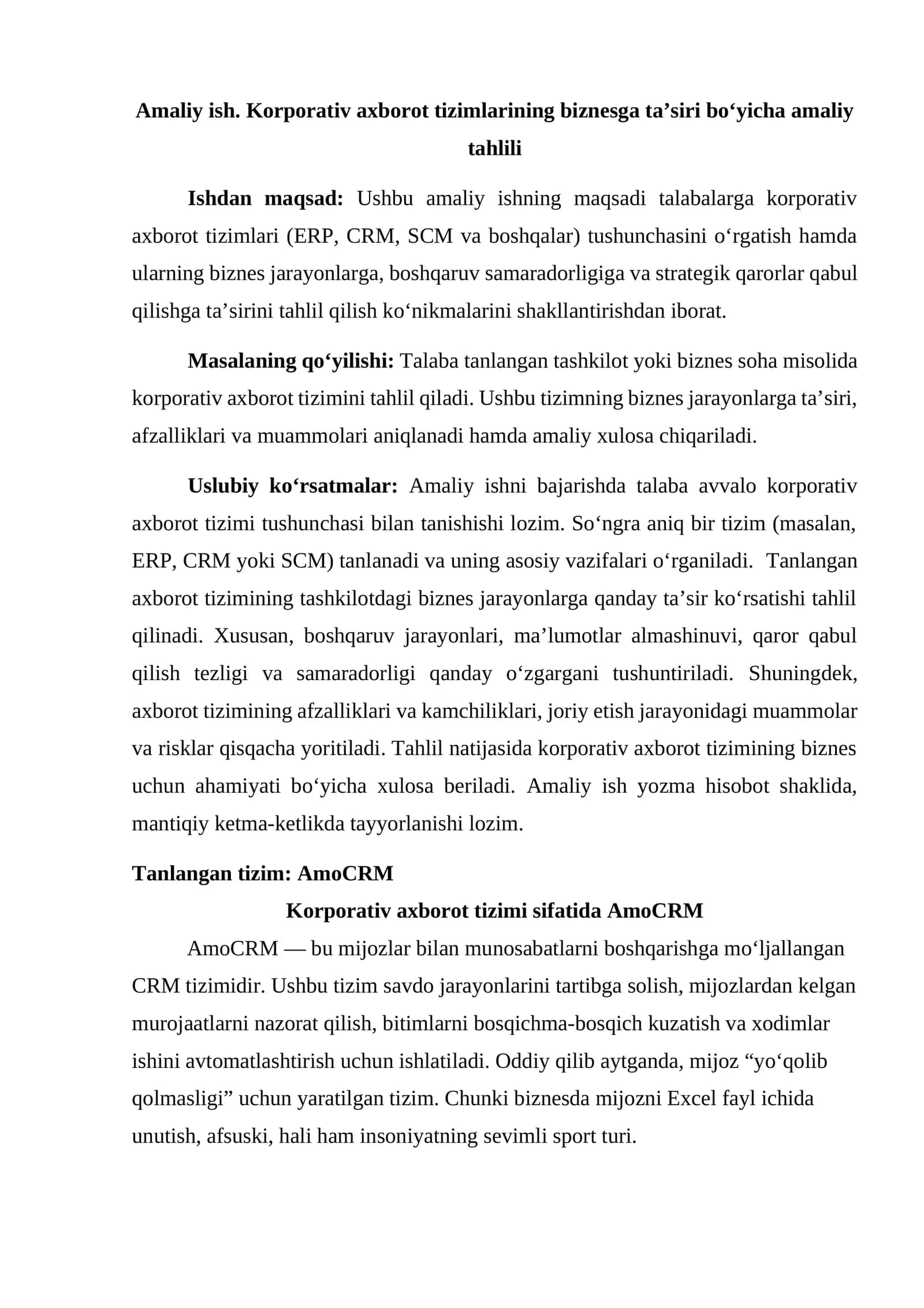 Amaliy ish. Korporativ axborot tizimlarining biznesga ta’siri boʻyicha amaliy tahlili 1