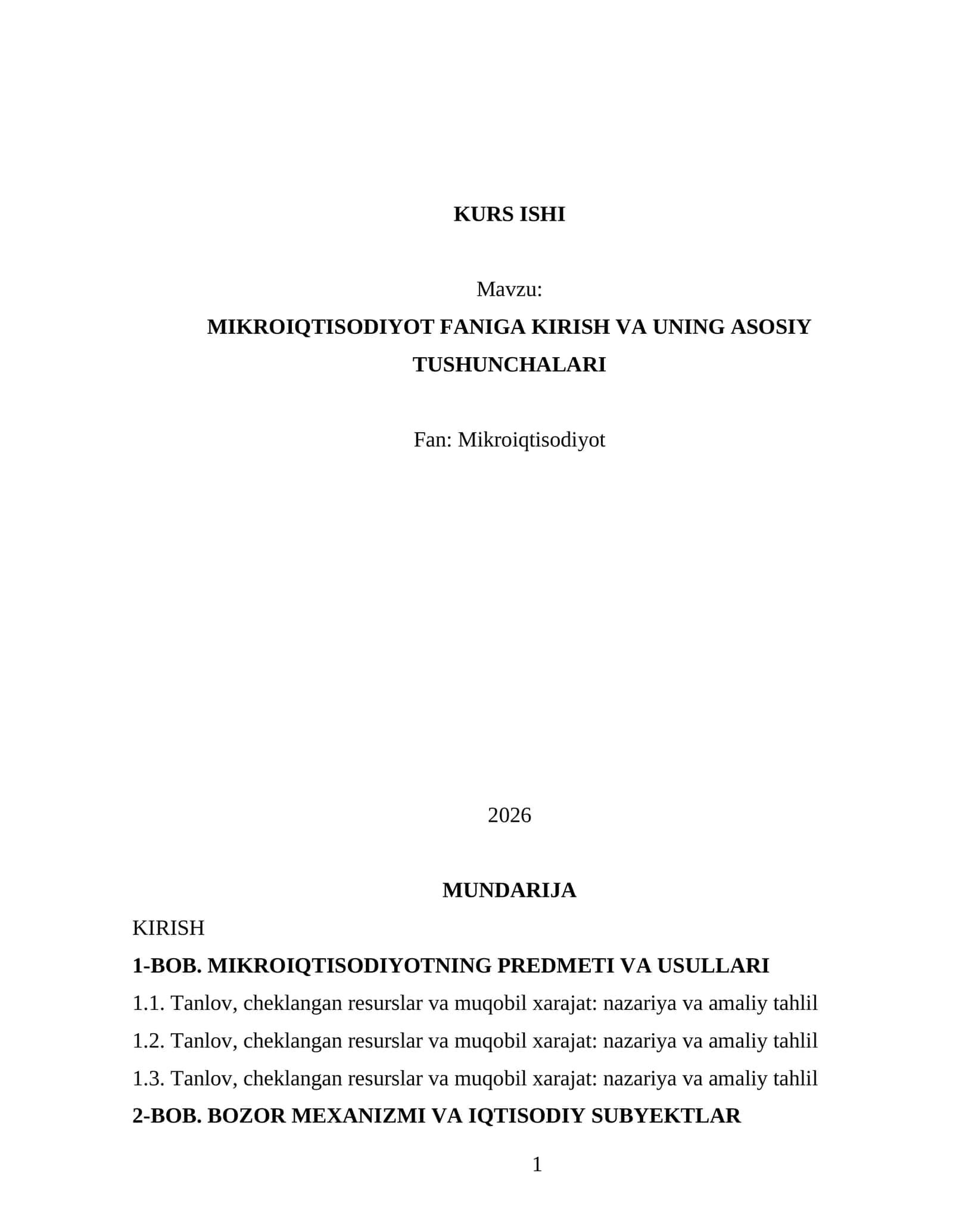 MIKROIQTISODIYOT FANIGA KIRISH VA UNING ASOSIY TUSHUNCHALARI 1