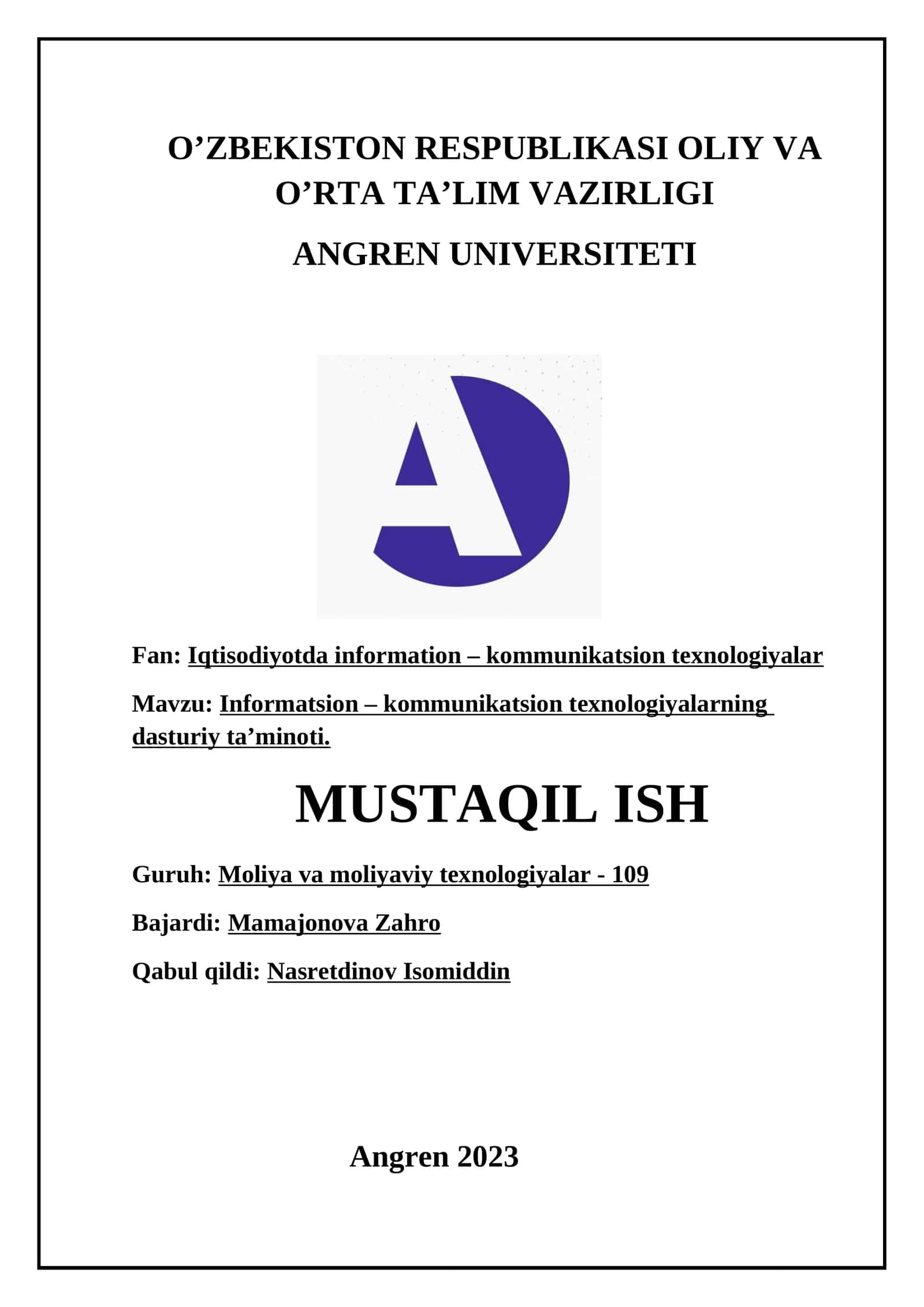 Informatsion – kommunikatsion texnologiyalarning dasturiy ta’minoti 1