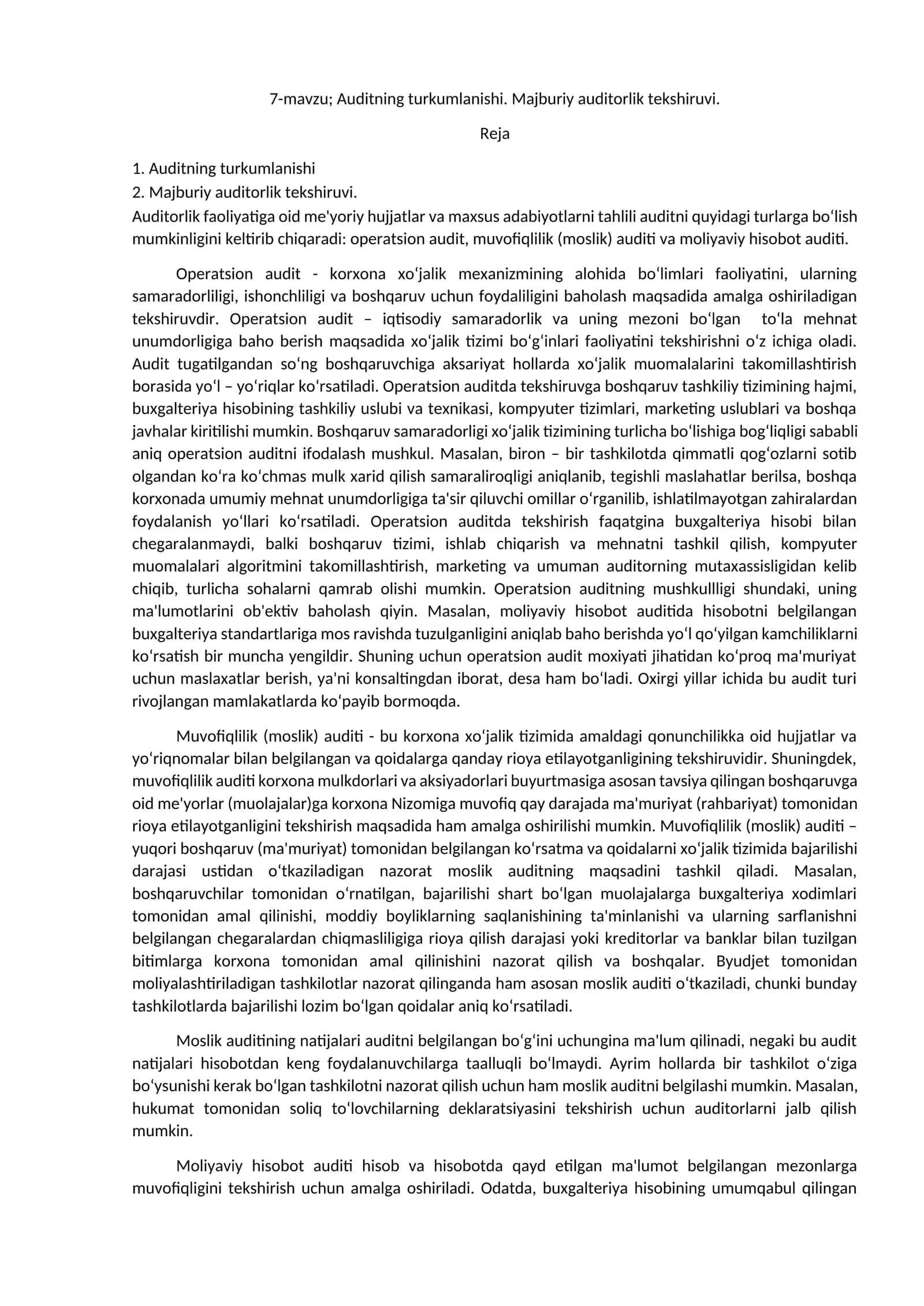 Auditning turkumlanishi. Majburiy auditorlik tekshiruvi 1