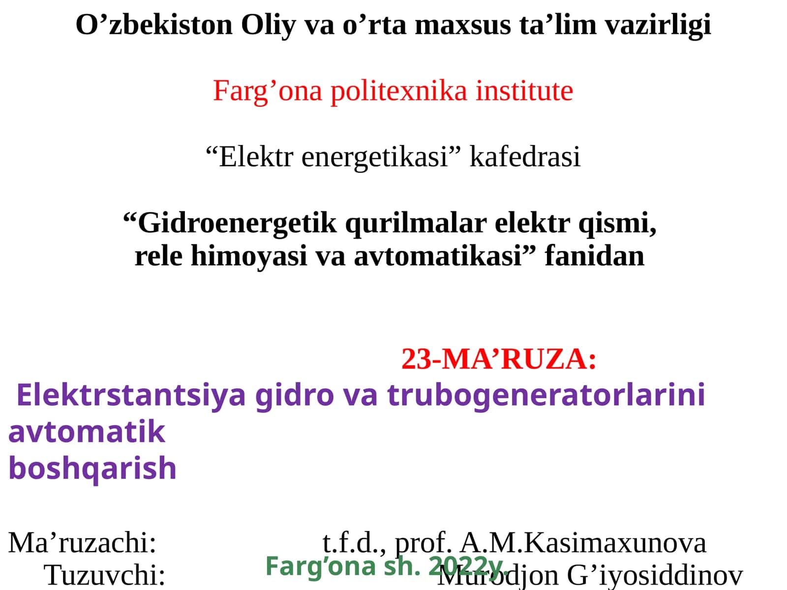 Elektrstantsiya Gidrovatrubo Generatorlarini Avtomatik Boshqarish 1