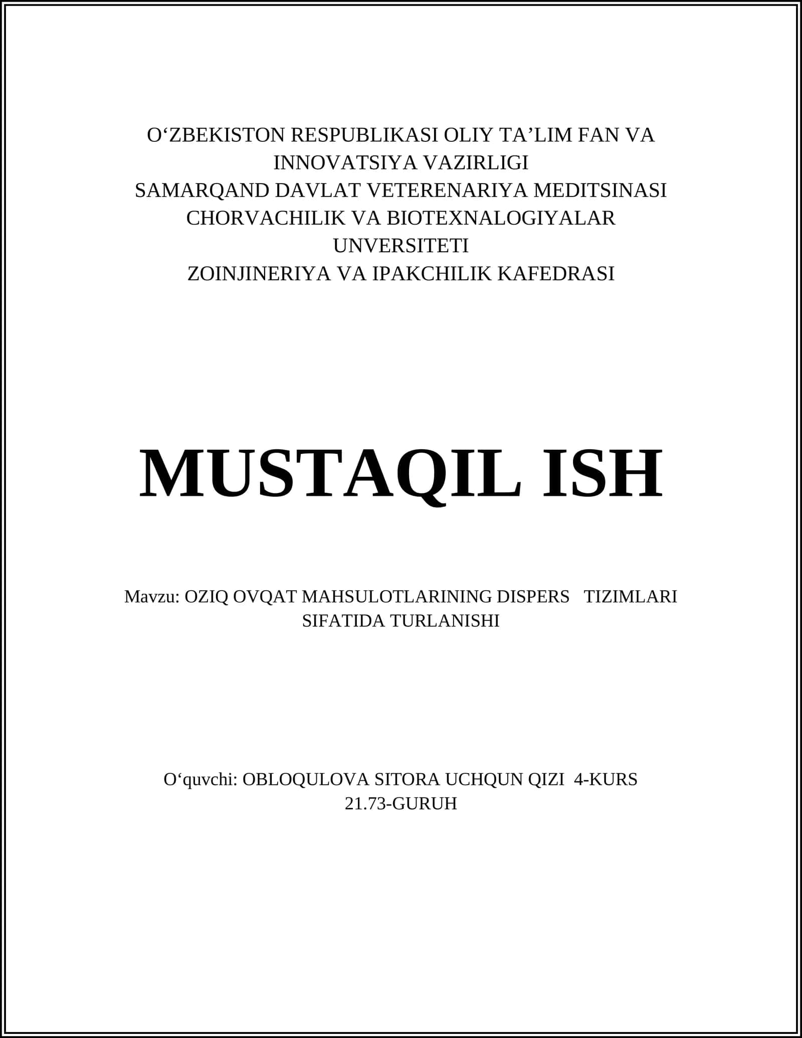 Oziq Ovqat Mahsulotlarining Dispers Tizimlari Sifatida Turlanishi 1