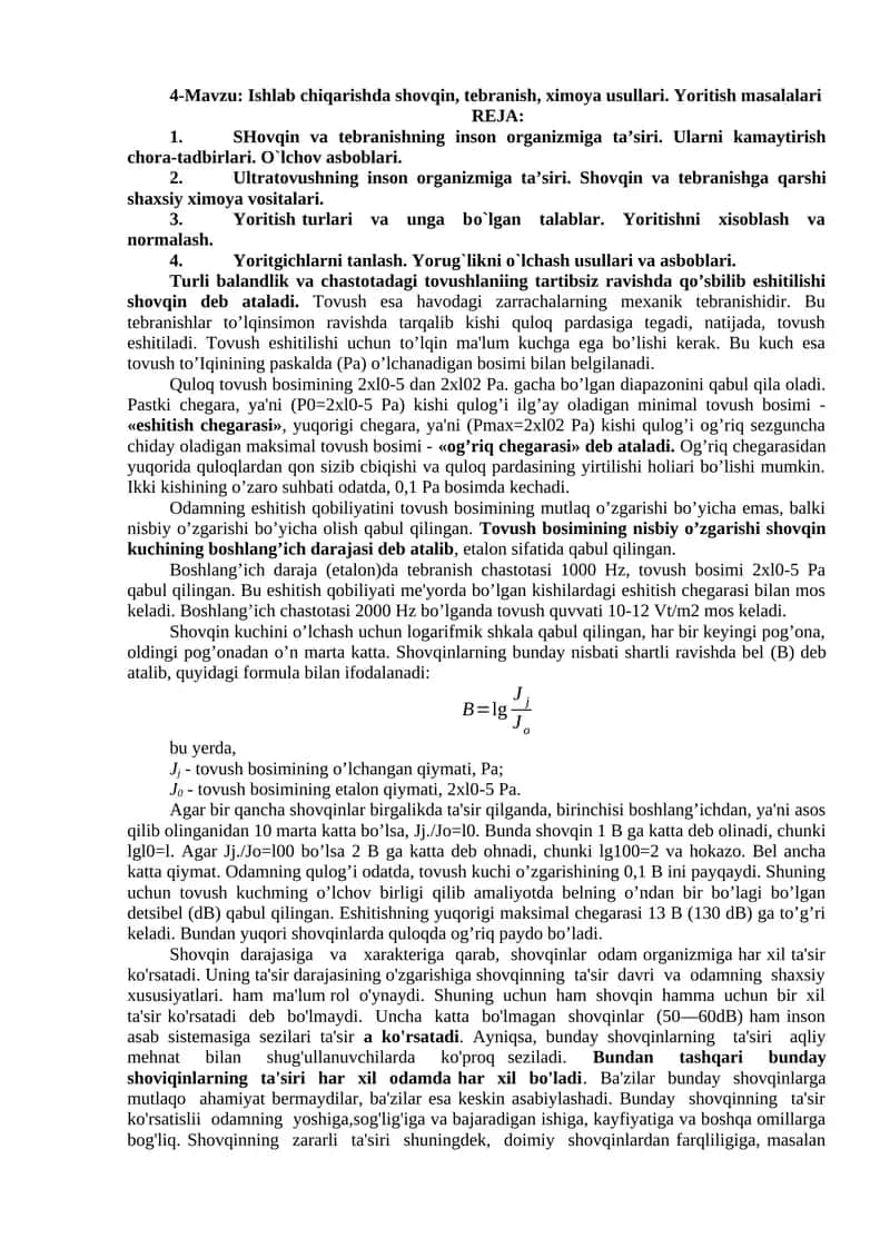 Ishlab chiqarishda shovqin, tebranish, ximoya usullari. Yoritish masalalari 1
