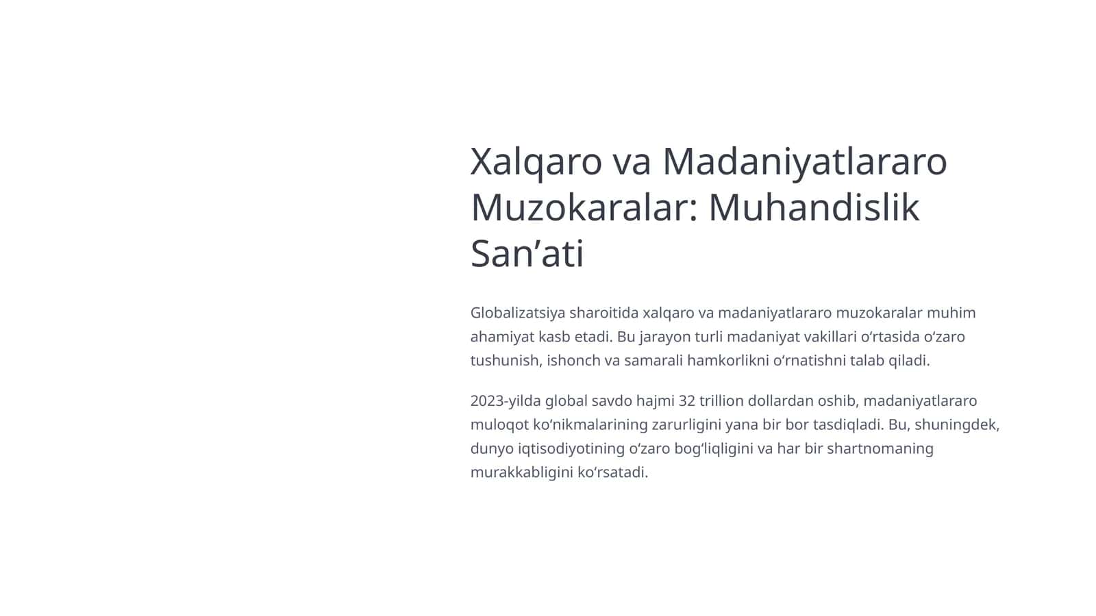 Xalqaro va Madaniyatlararo Muzokaralar: Muhandislik Sanʼati 1
