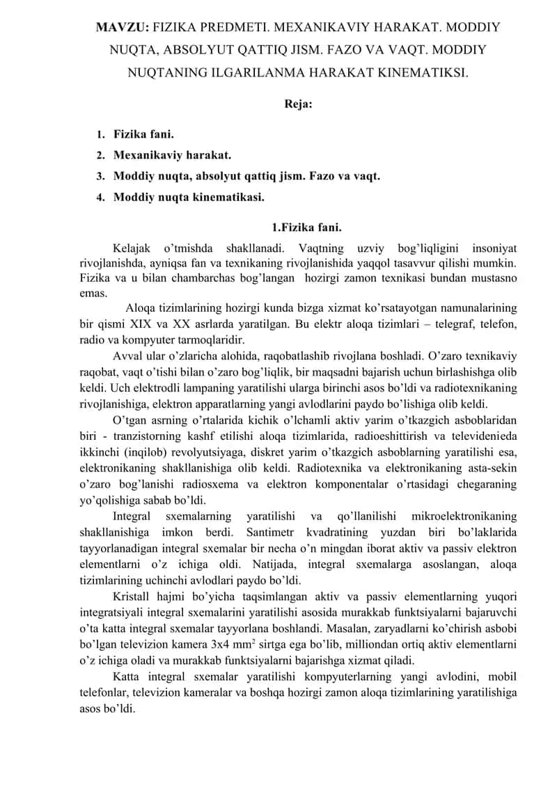 FIZIKA PREDMETI. MEXANIKAVIY HARAKAT. MODDIY NUQTA, ABSOLYUT QATTIQ JISM. FAZO VA VAQT. MODDIY NUQTANING ILGARILANMA HARAKAT KINEMATIKSI 1