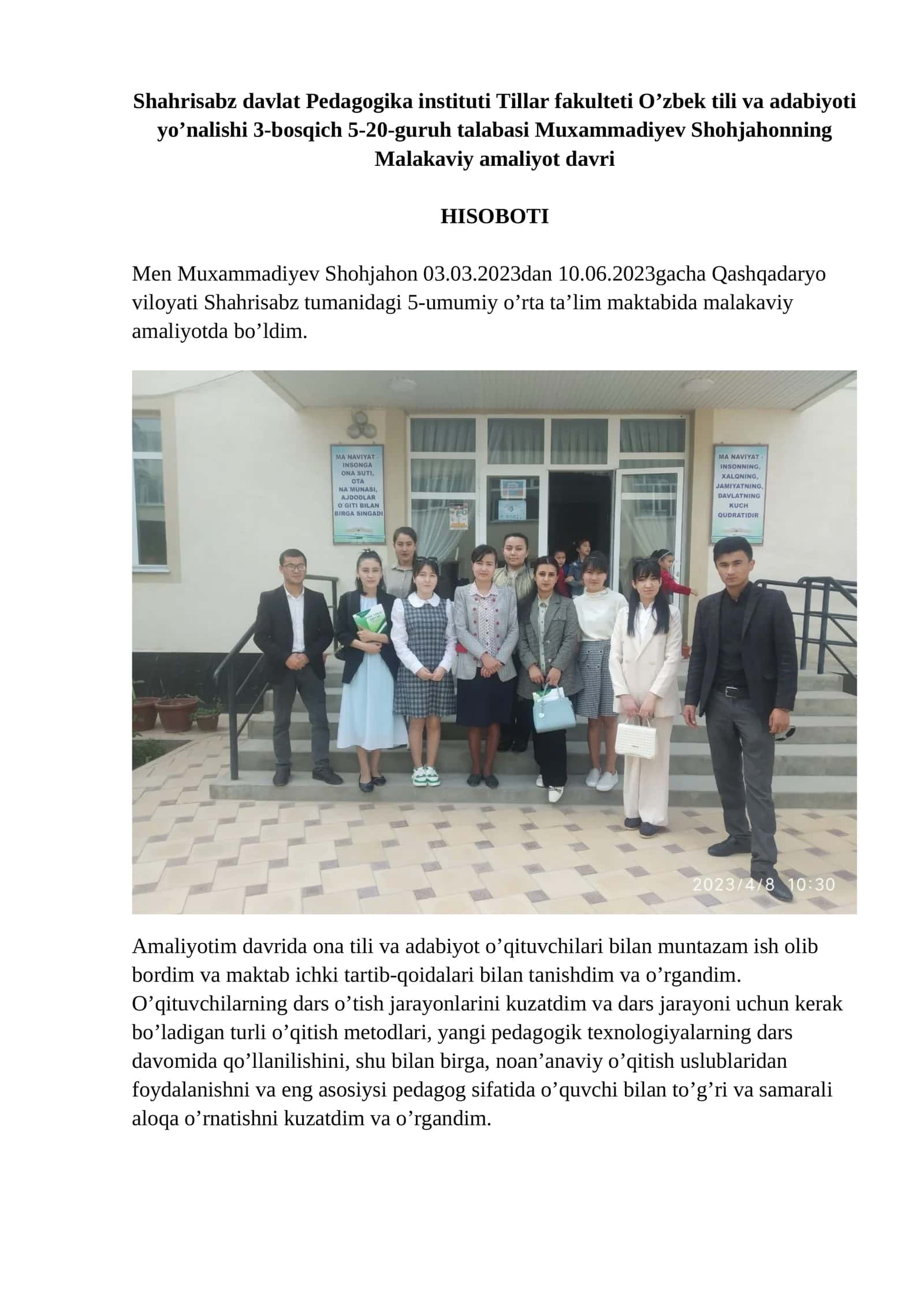 Muxammadiyev Shohjahonning Malakaviy amaliyot davri HISOBOTI 1