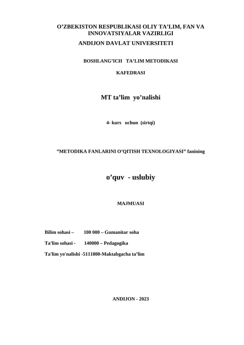 METODIKA FANLARINI O’QITISH TEXNOLOGIYASI 1